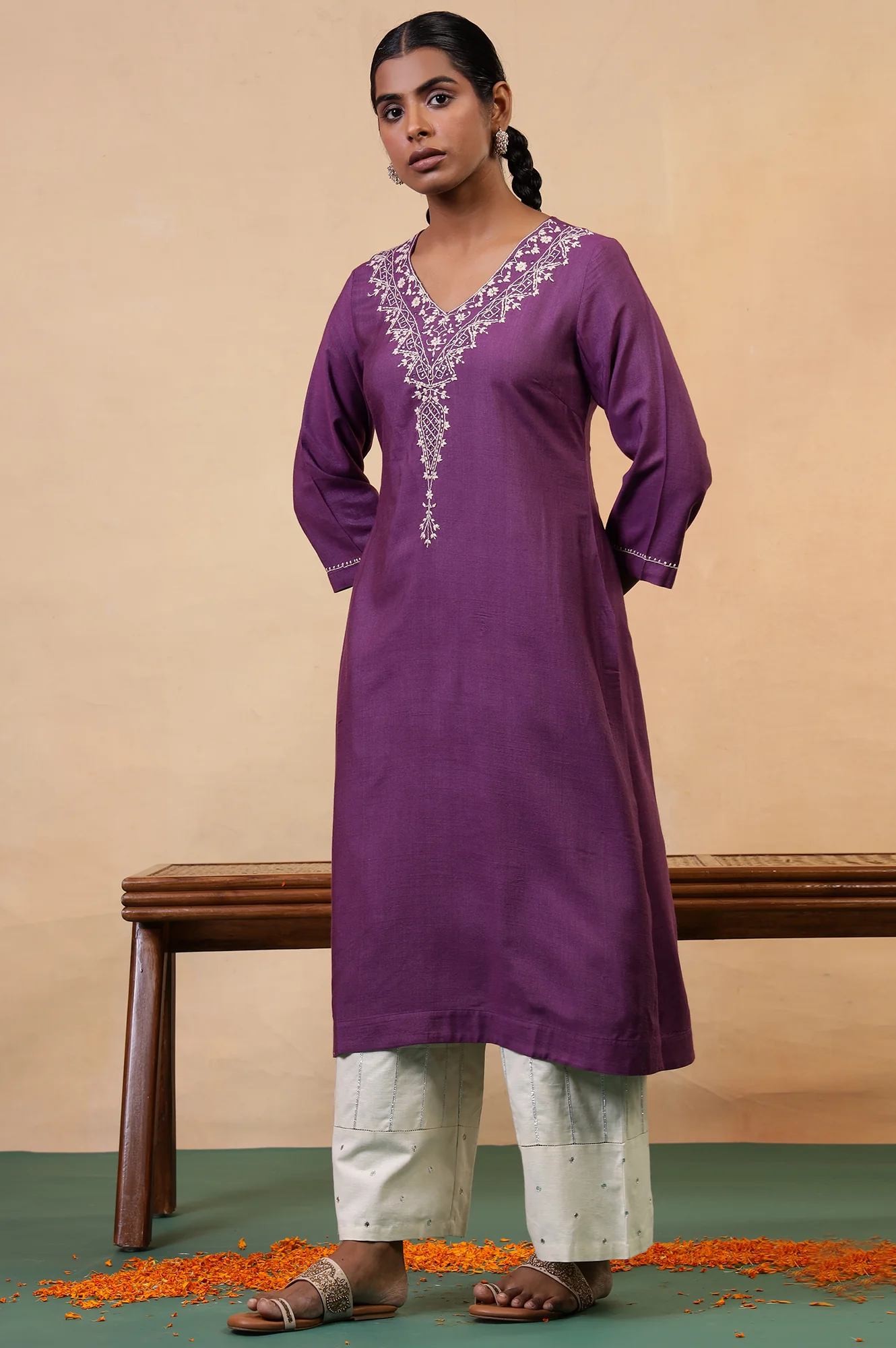 Folksong Prune Chikankari Embroidered Viscose A-Line Regular Kurta - Image 6
