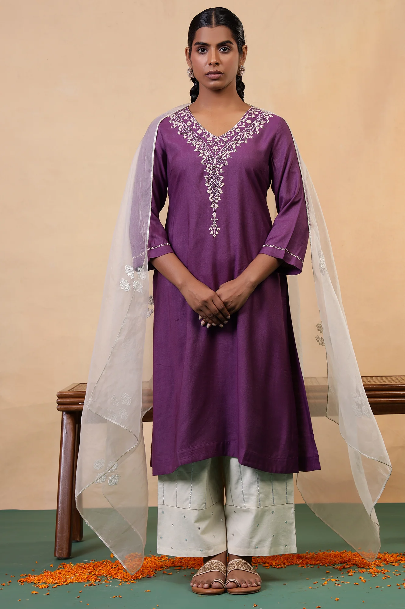 Folksong Prune Chikankari Embroidered Viscose A-Line Regular Kurta - Image 7