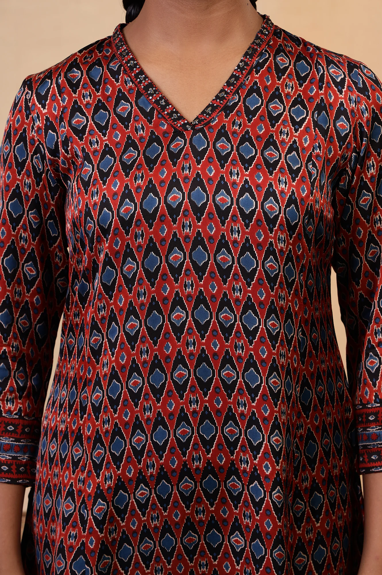 Folksong Red Clay Aztec Sequin Embellished Viscose A-Line Ajrakh Kurta - Image 3