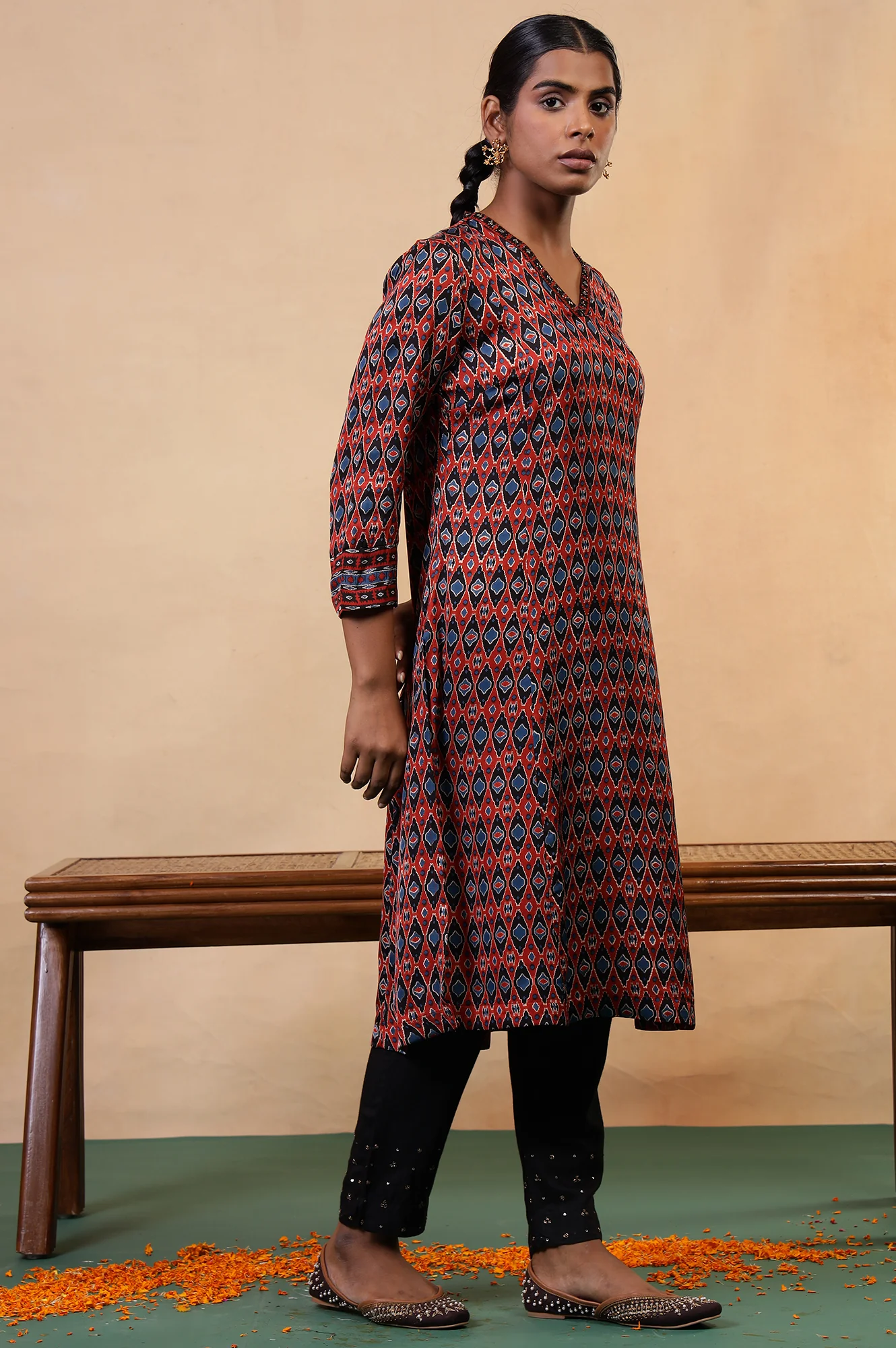 Folksong Red Clay Aztec Sequin Embellished Viscose A-Line Ajrakh Kurta - Image 4