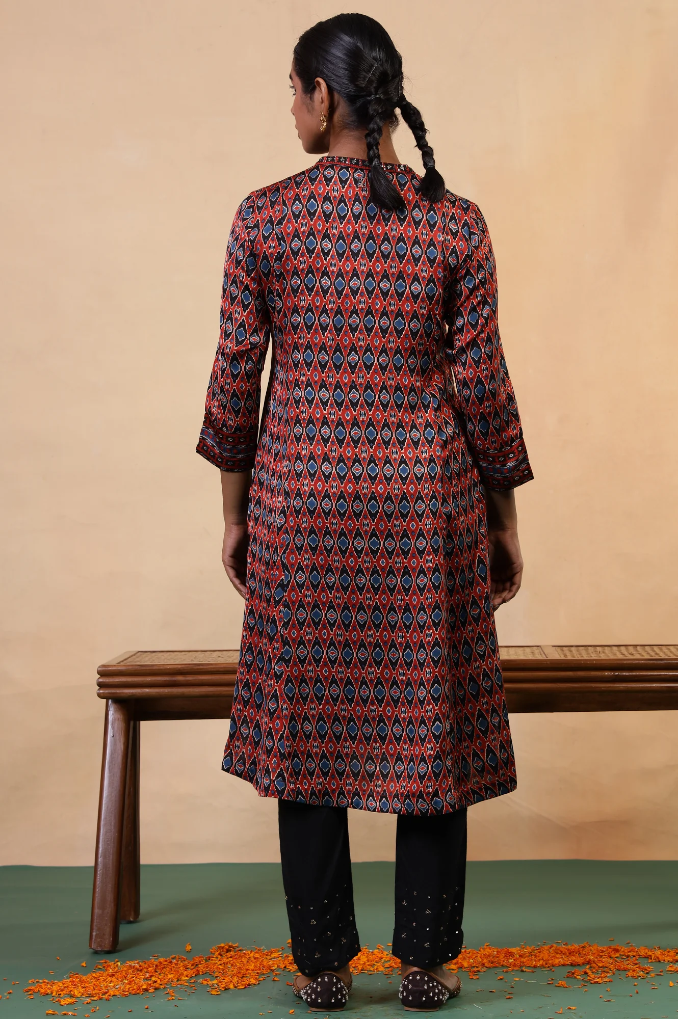 Folksong Red Clay Aztec Sequin Embellished Viscose A-Line Ajrakh Kurta - Image 5