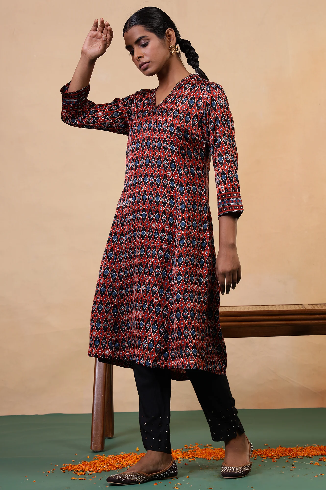Folksong Red Clay Aztec Sequin Embellished Viscose A-Line Ajrakh Kurta - Image 6