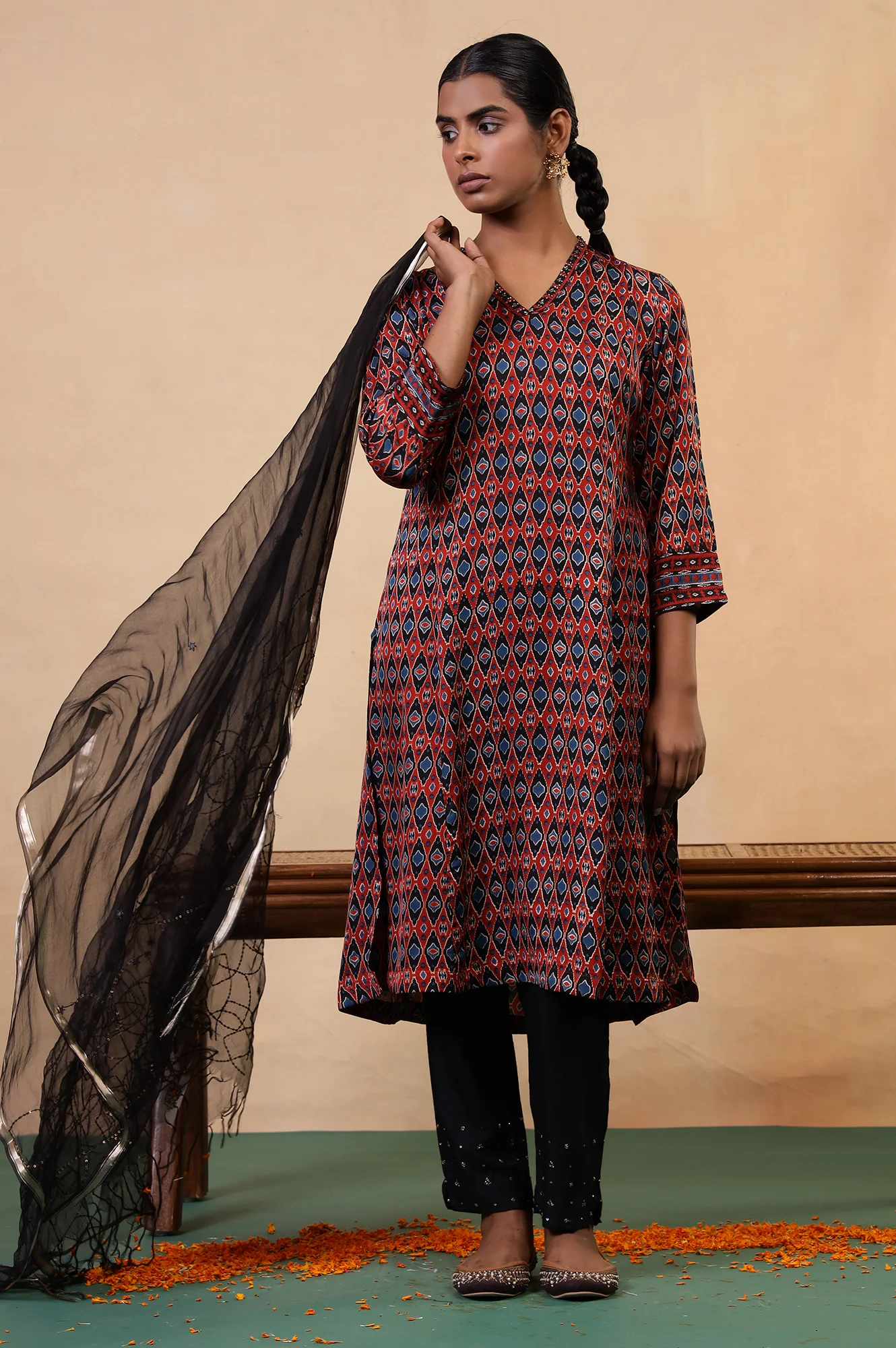 Folksong Red Clay Aztec Sequin Embellished Viscose A-Line Ajrakh Kurta - Image 7