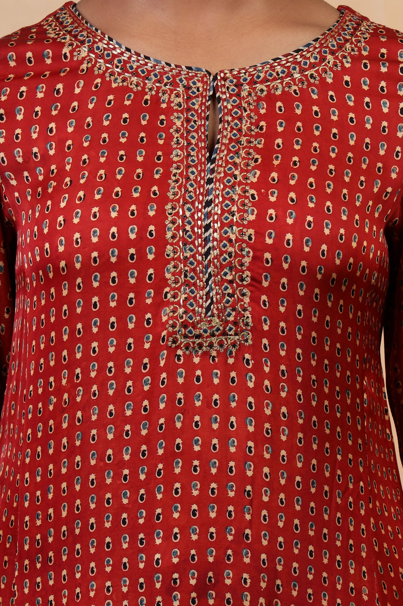 Folksong Rust Orange Viscose A-Line Ethnic Motif Ajrakh Print Kurta - Image 3
