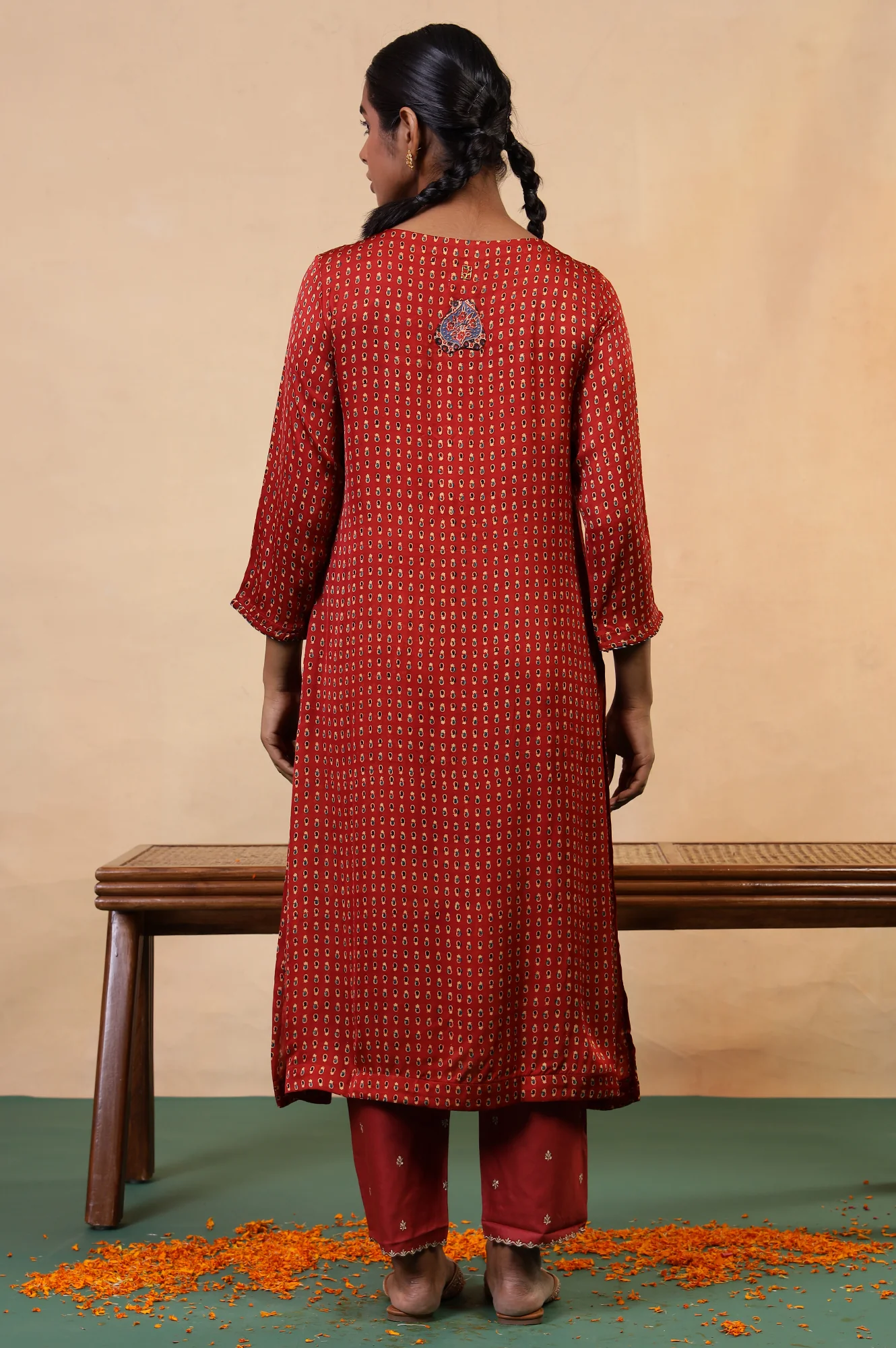 Folksong Rust Orange Viscose A-Line Ethnic Motif Ajrakh Print Kurta - Image 5