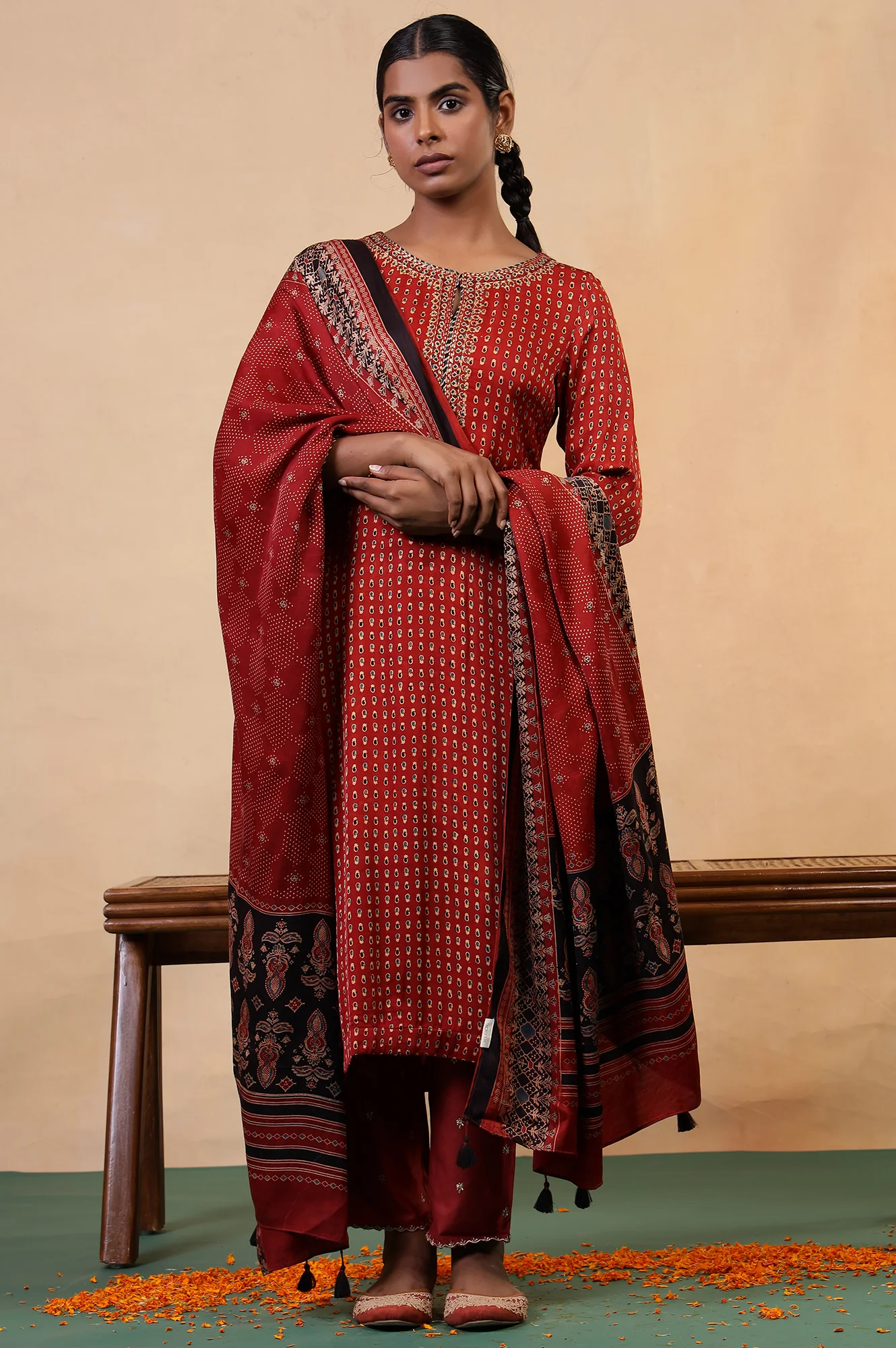 Folksong Rust Orange Viscose A-Line Ethnic Motif Ajrakh Print Kurta - Image 7