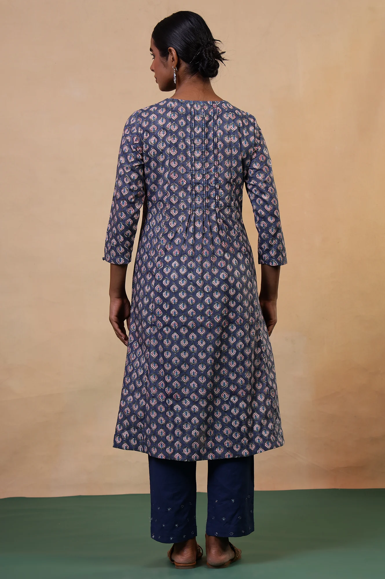 Folksong Slate Blue Cotton Flared Floral Hand Block Printed Anarkali - Image 5