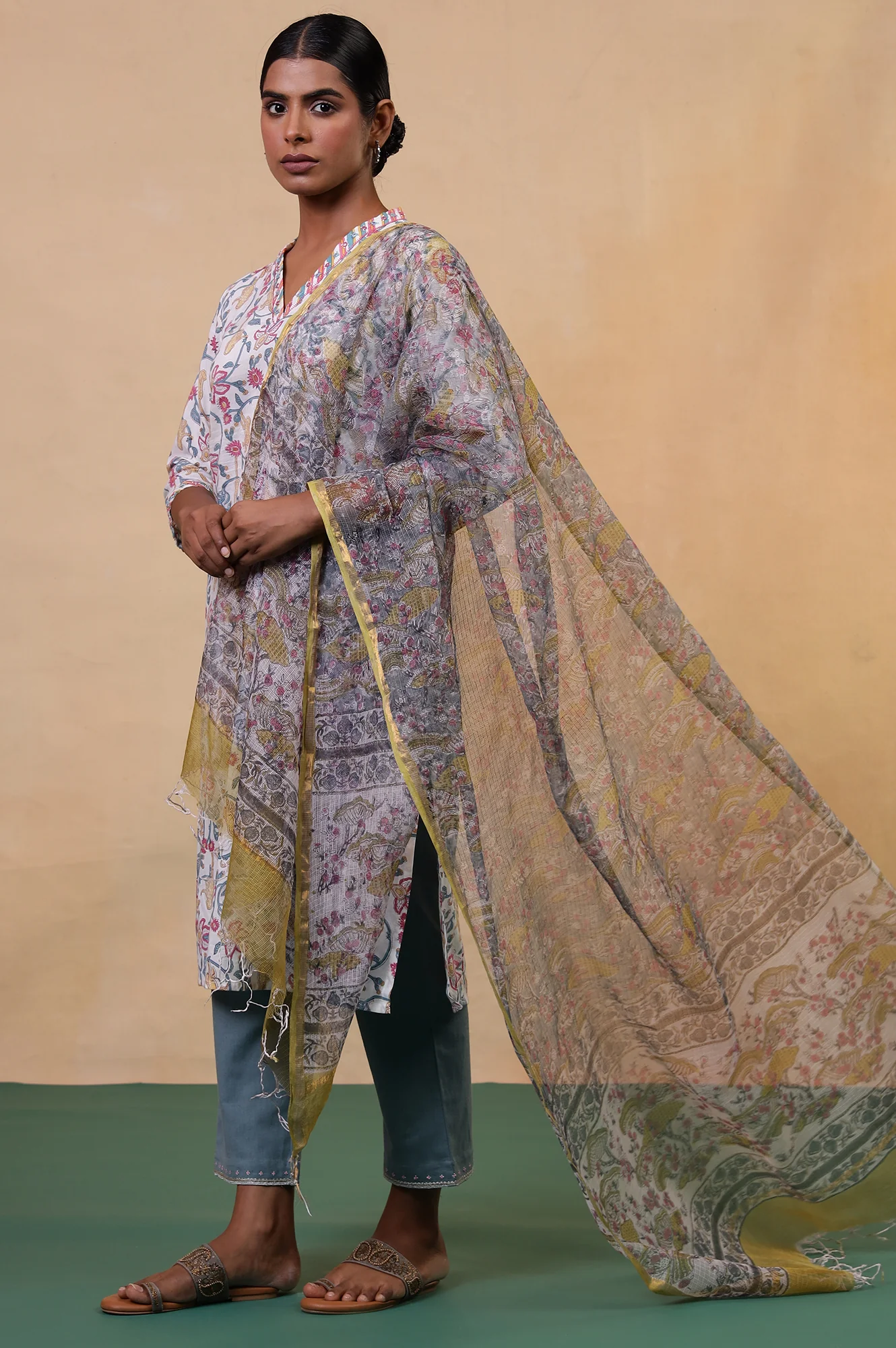 Folksong Stone Blue Cotton-Silk Hand Block Printed Floral Dupatta - Image 3