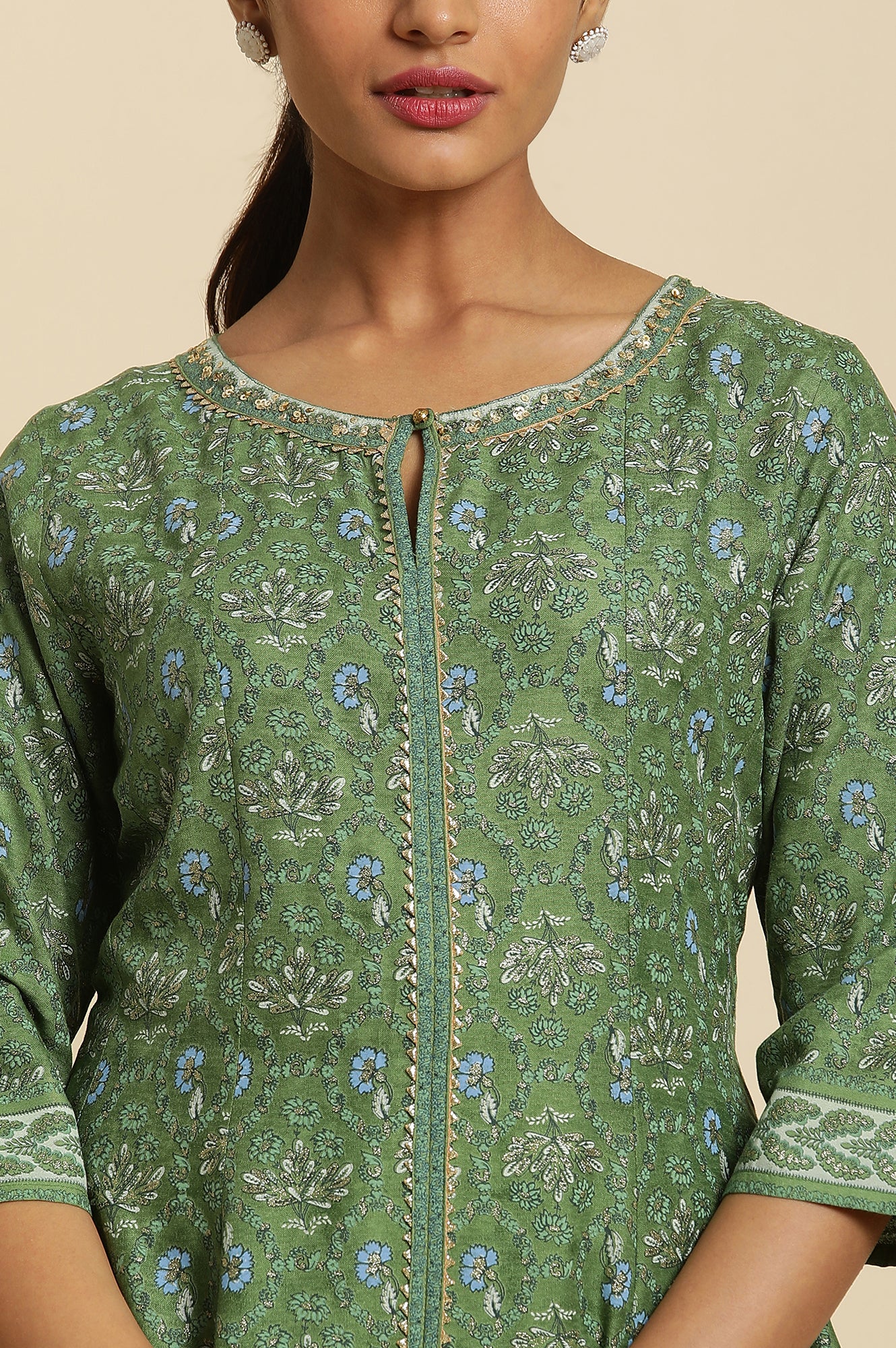 Forest Green Printed Panelled Kurta - Image 6