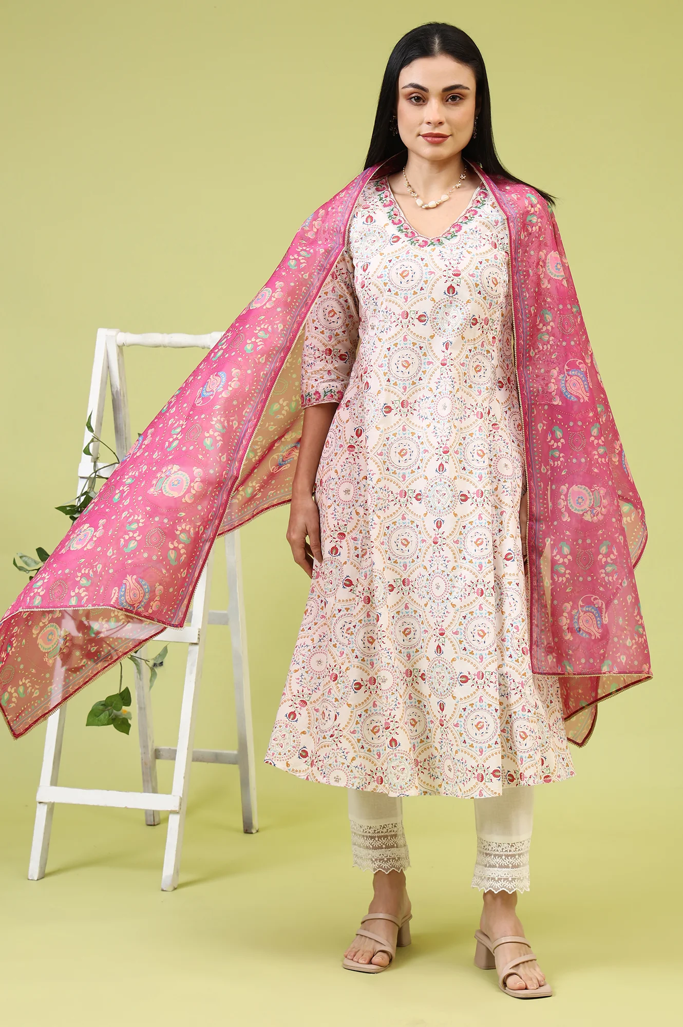 Fuchsia Pink Chintz Floral Printed Organza Dupatta - Image 2