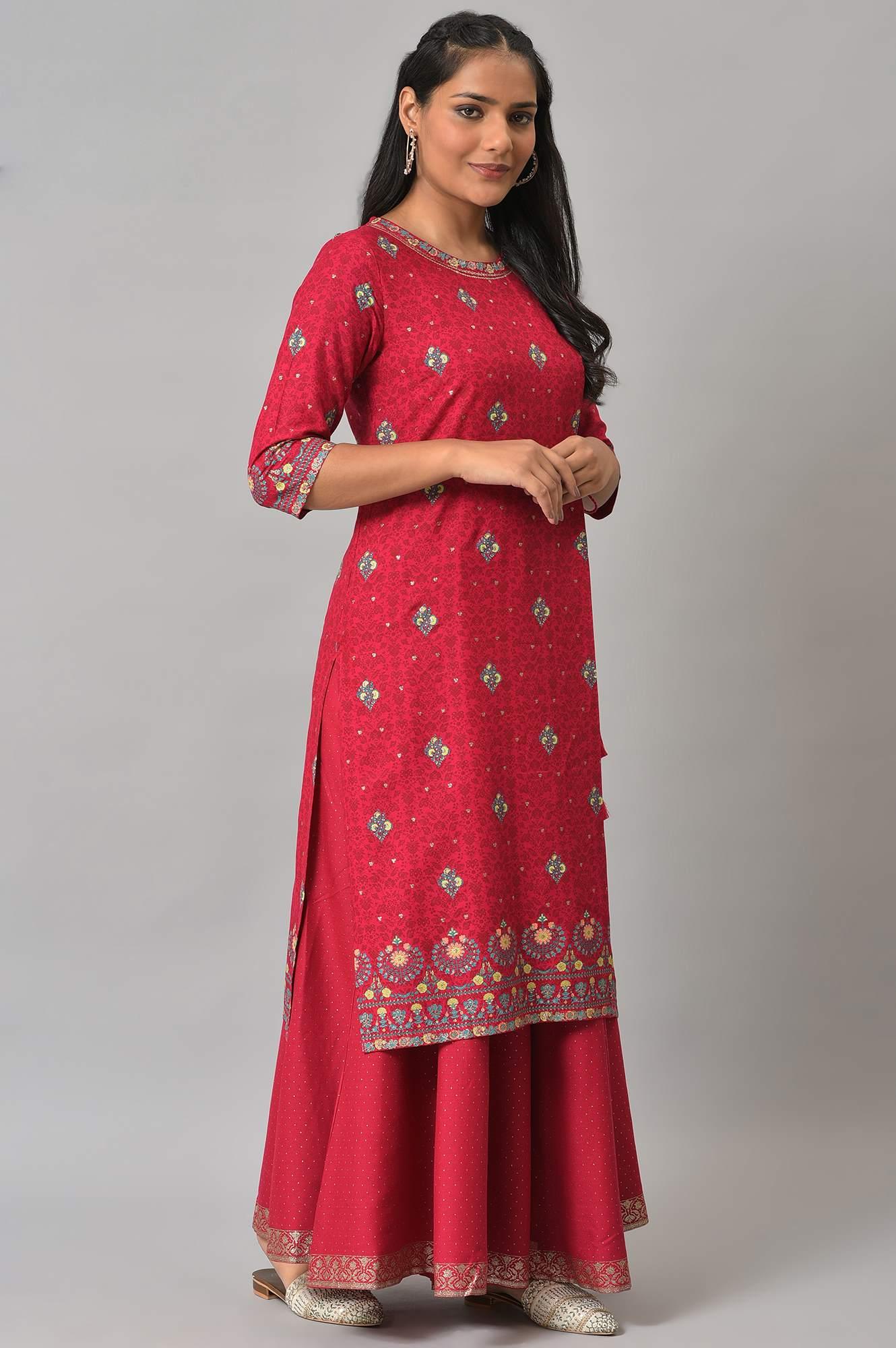 Fuchsia Pink Floral Printed kurta With Sequins - Image 4
