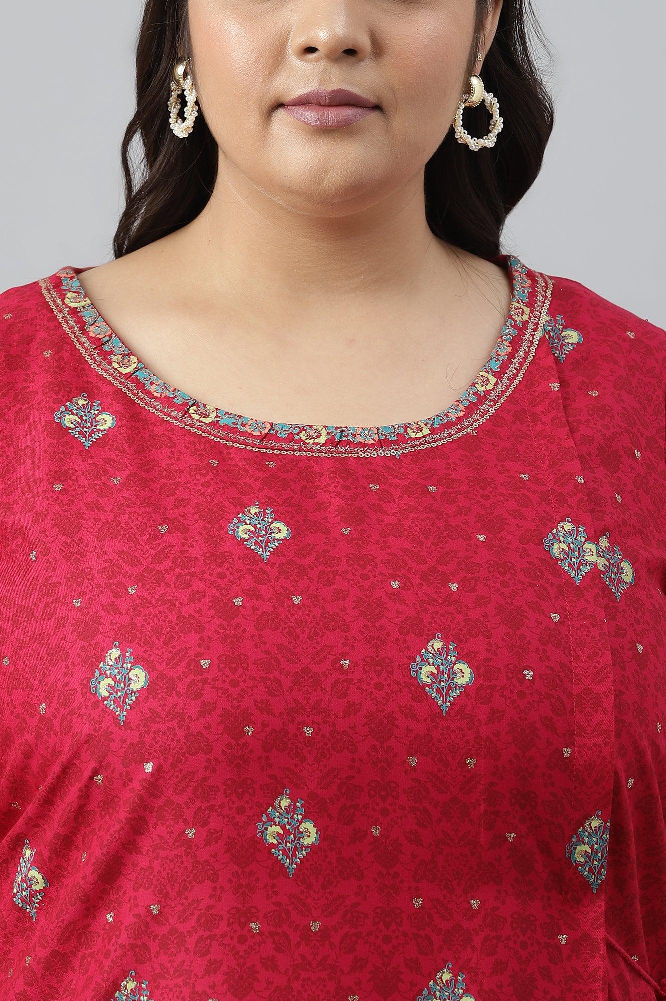 Fuchsia Pink Floral Printed Plus Size kurta With Sequins - Image 5