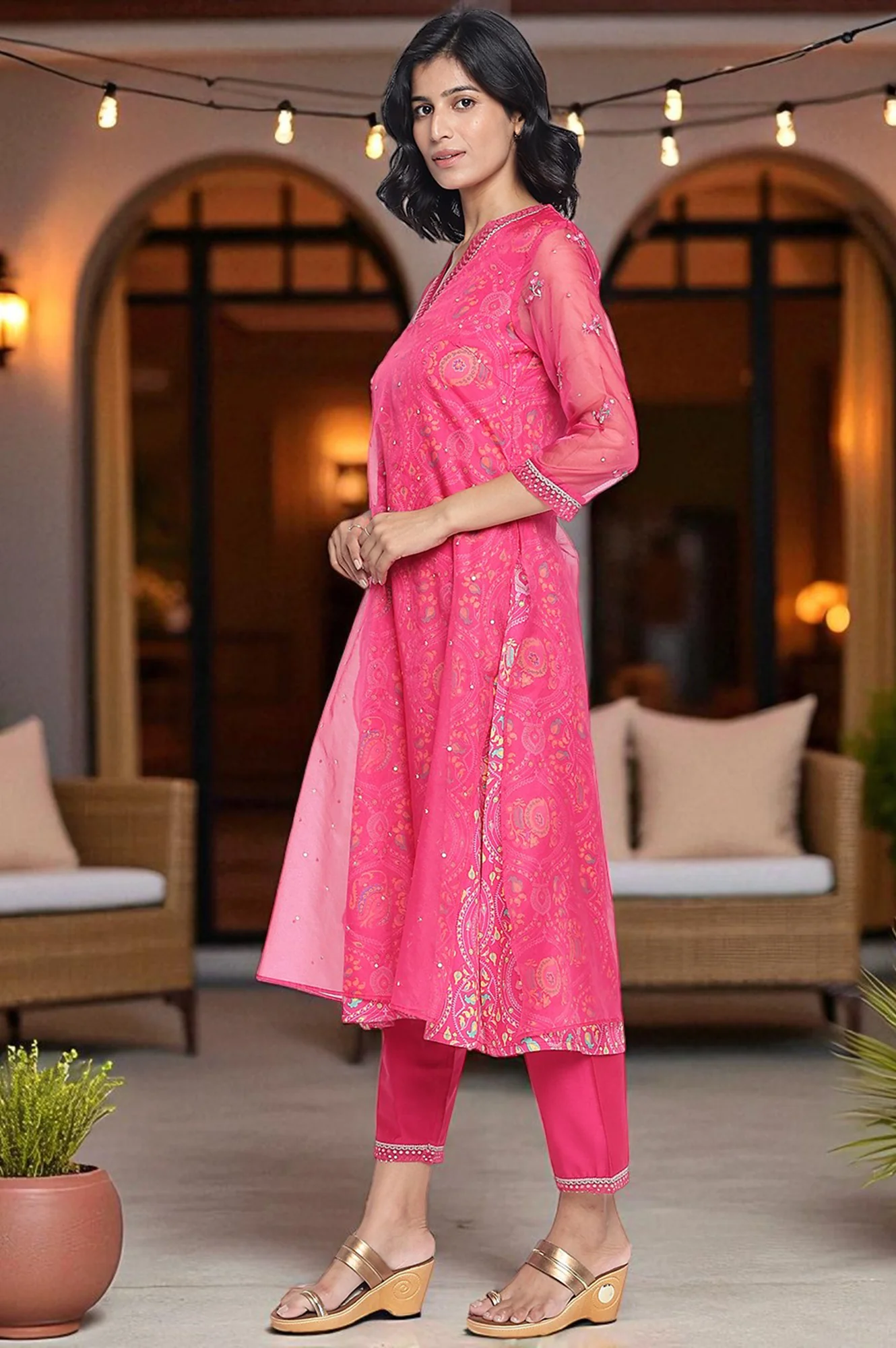 Fuschia Pink Printed Rayon Straight Kurta, Straight Pant and Dupatta Set - Image 3