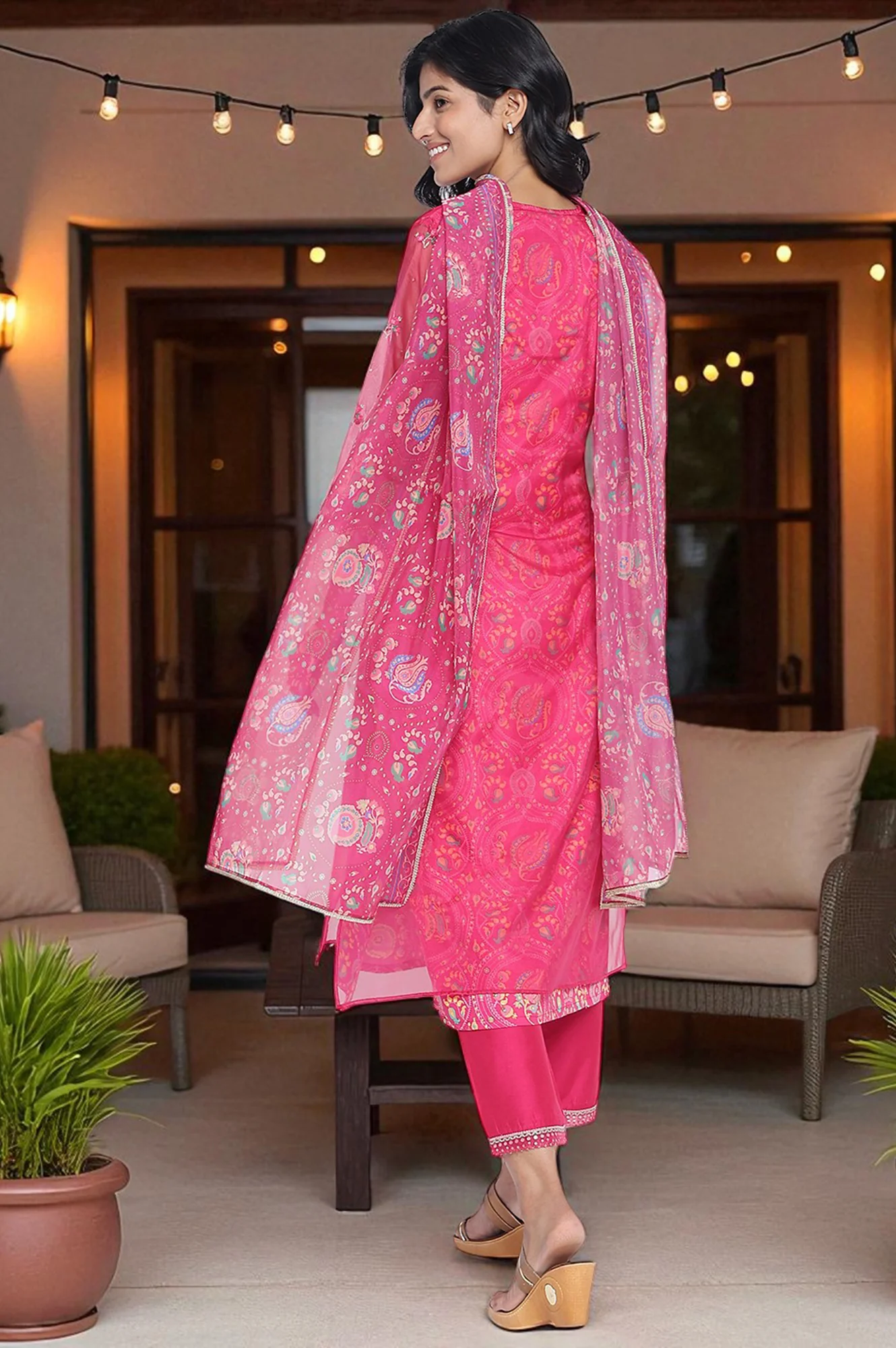 Fuschia Pink Printed Rayon Straight Kurta, Straight Pant and Dupatta Set - Image 4