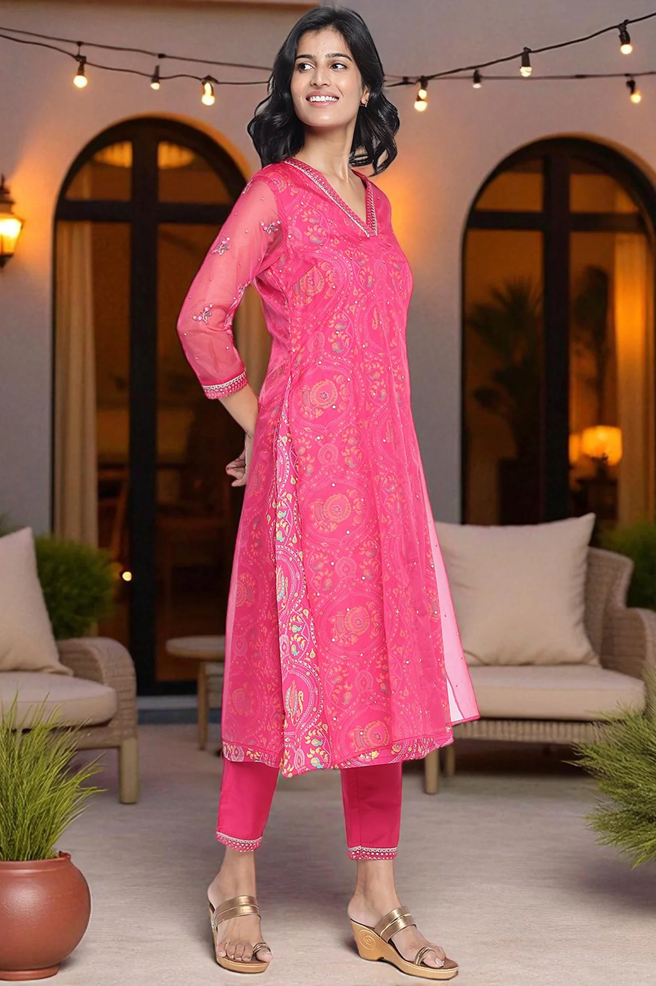 Fuschia Pink Printed Rayon Straight Kurta, Straight Pant and Dupatta Set - Image 5