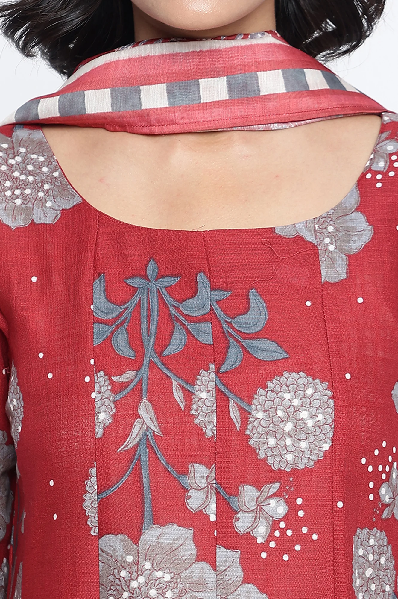 Garnet Red Printed Pure Cotton Flared Kurta, Straight Pant and Dupatta Set - Image 2