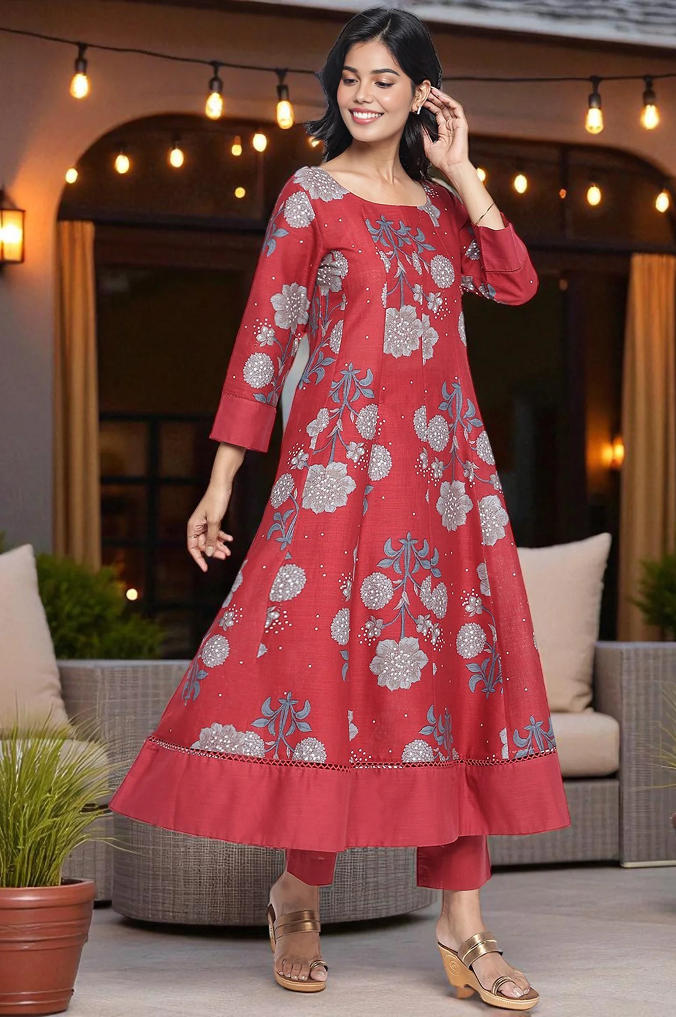 Garnet Red Printed Pure Cotton Flared Kurta, Straight Pant and Dupatta Set - Image 5