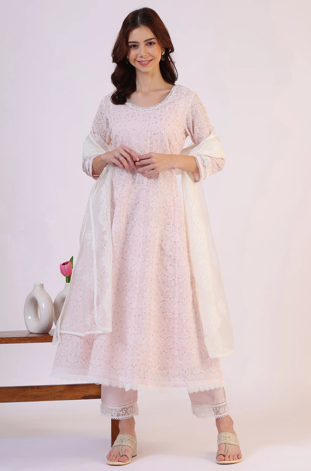Pink Geometric Printed Anarkali Kota Kurta & Straight Pant With Dupatta Set - Image 2