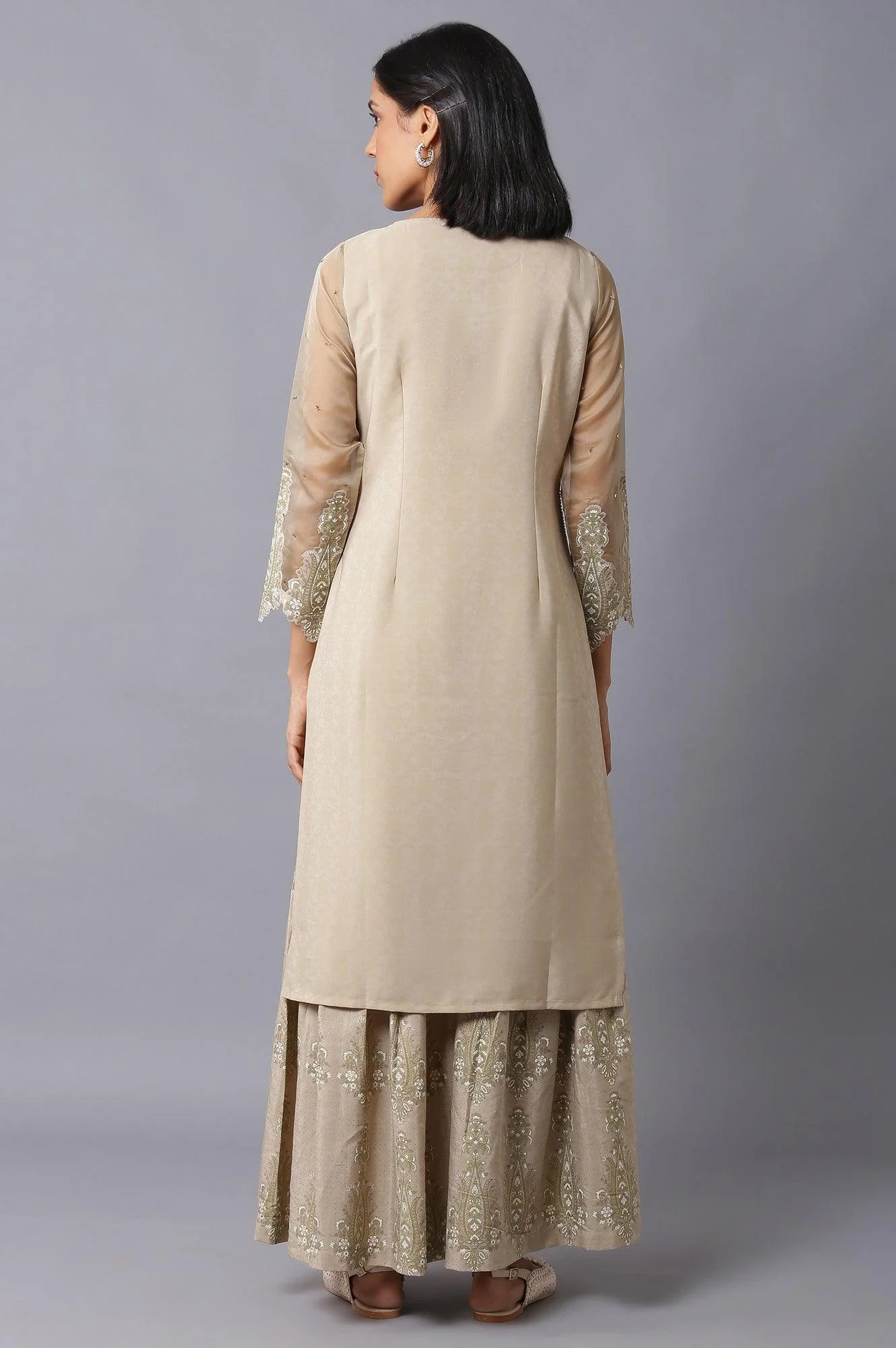 Gold Beige Floral Printed kurta With Embroidery - Image 2