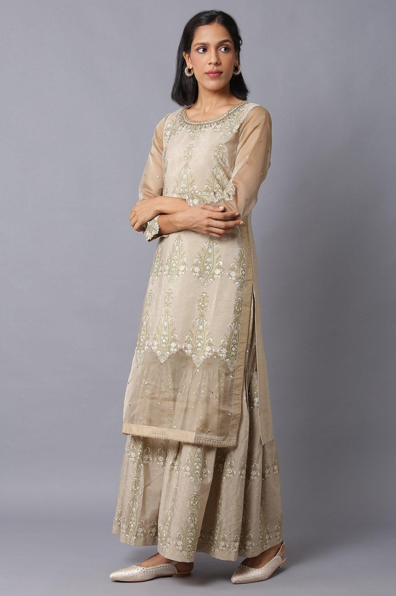 Gold Beige Floral Printed kurta With Embroidery - Image 3