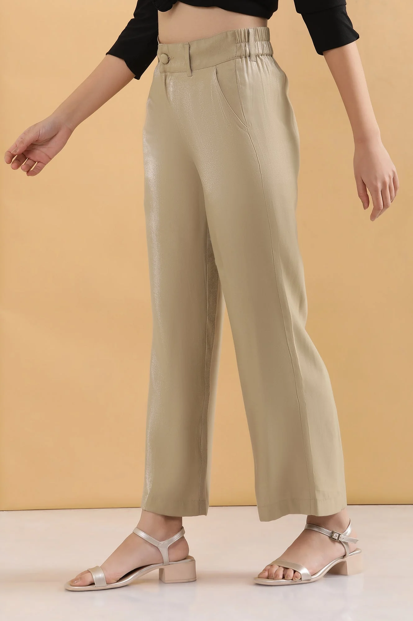 Gold Solid Straight Fit Woven Pants With Elasticated Back - Image 3