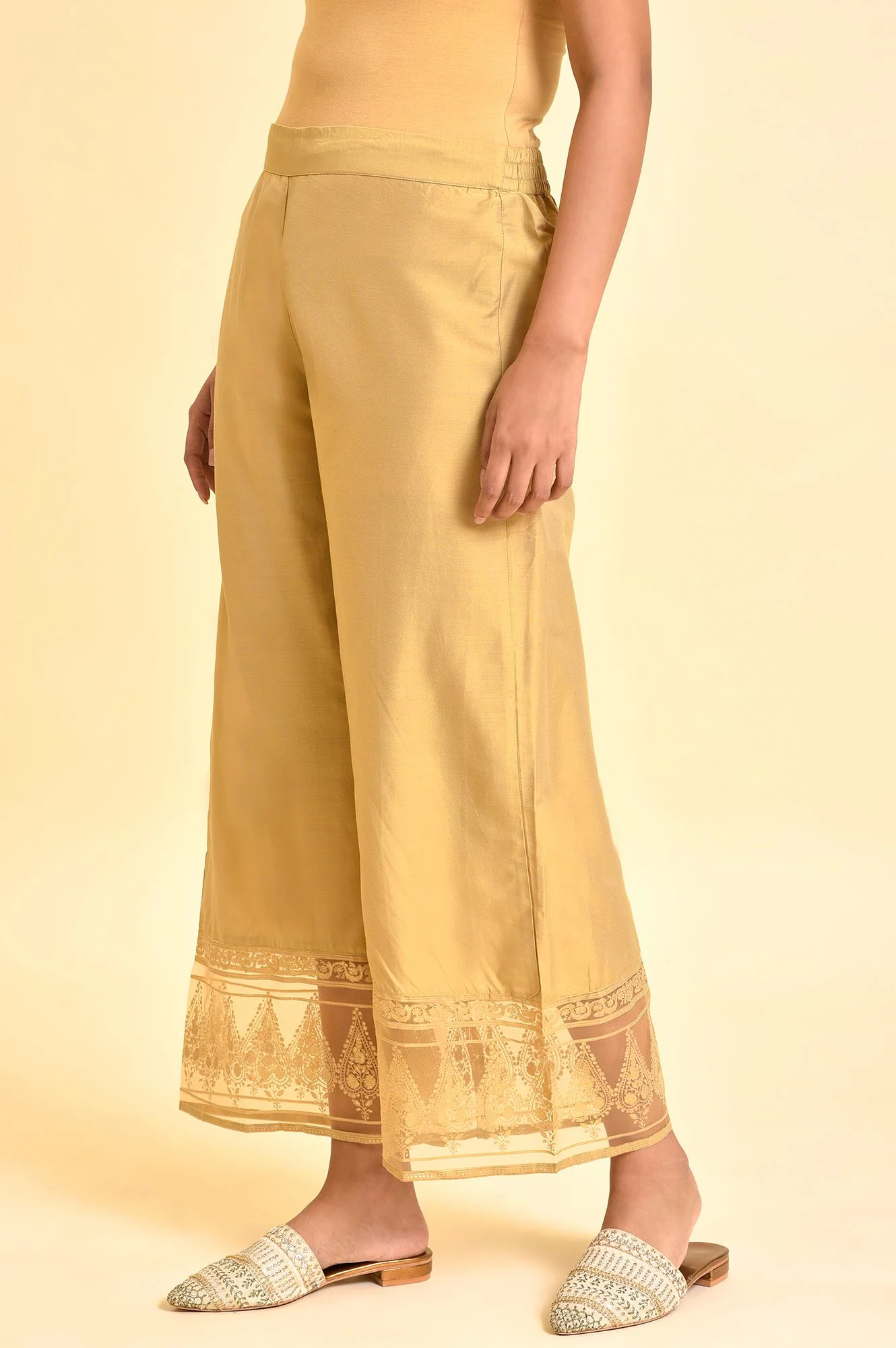 Gold Floral Brasso Wide Leg Parellel Pants - Image 3