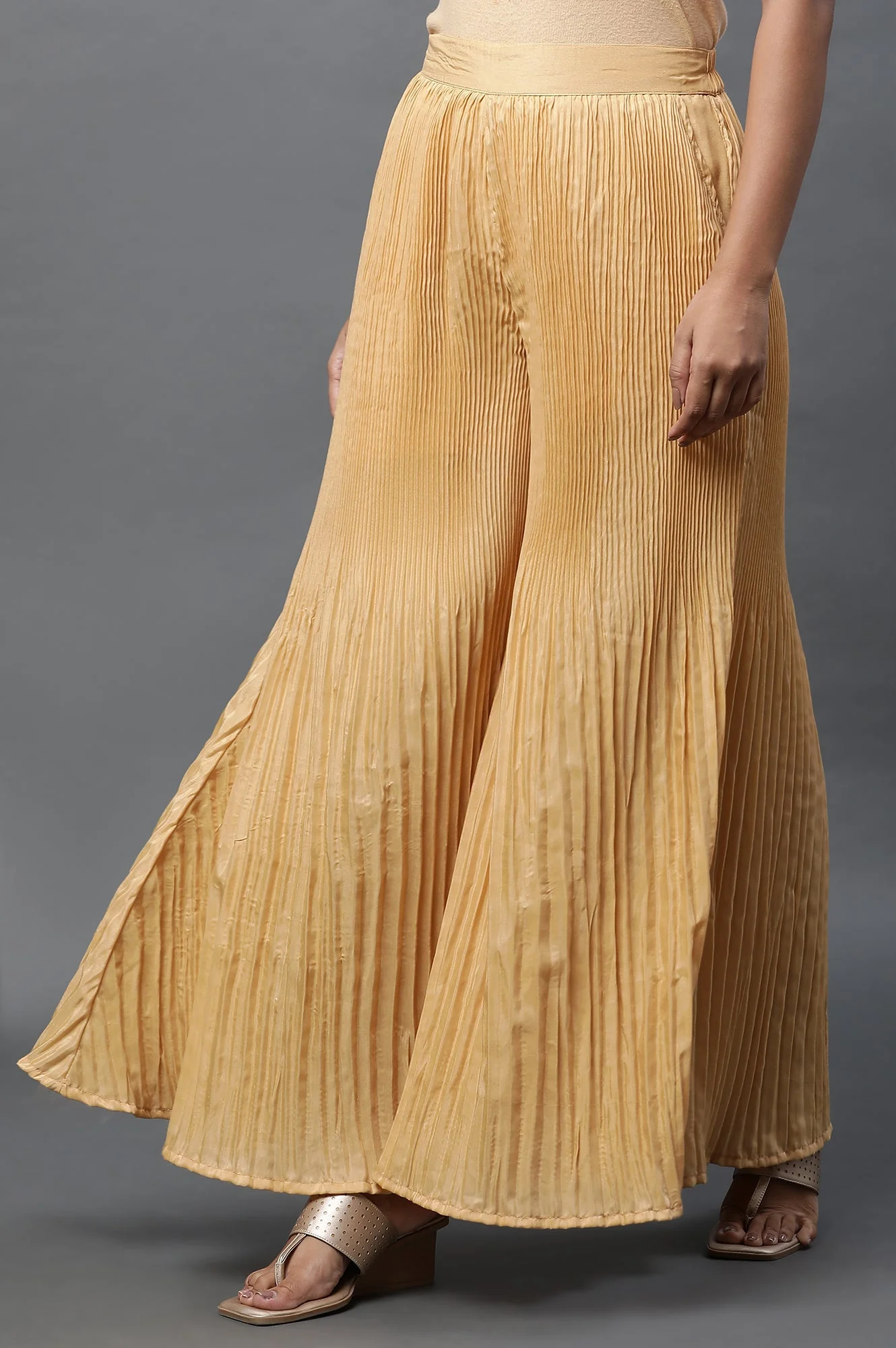 Gold Solid Flared Silk Palazzo With Pleats - Image 2