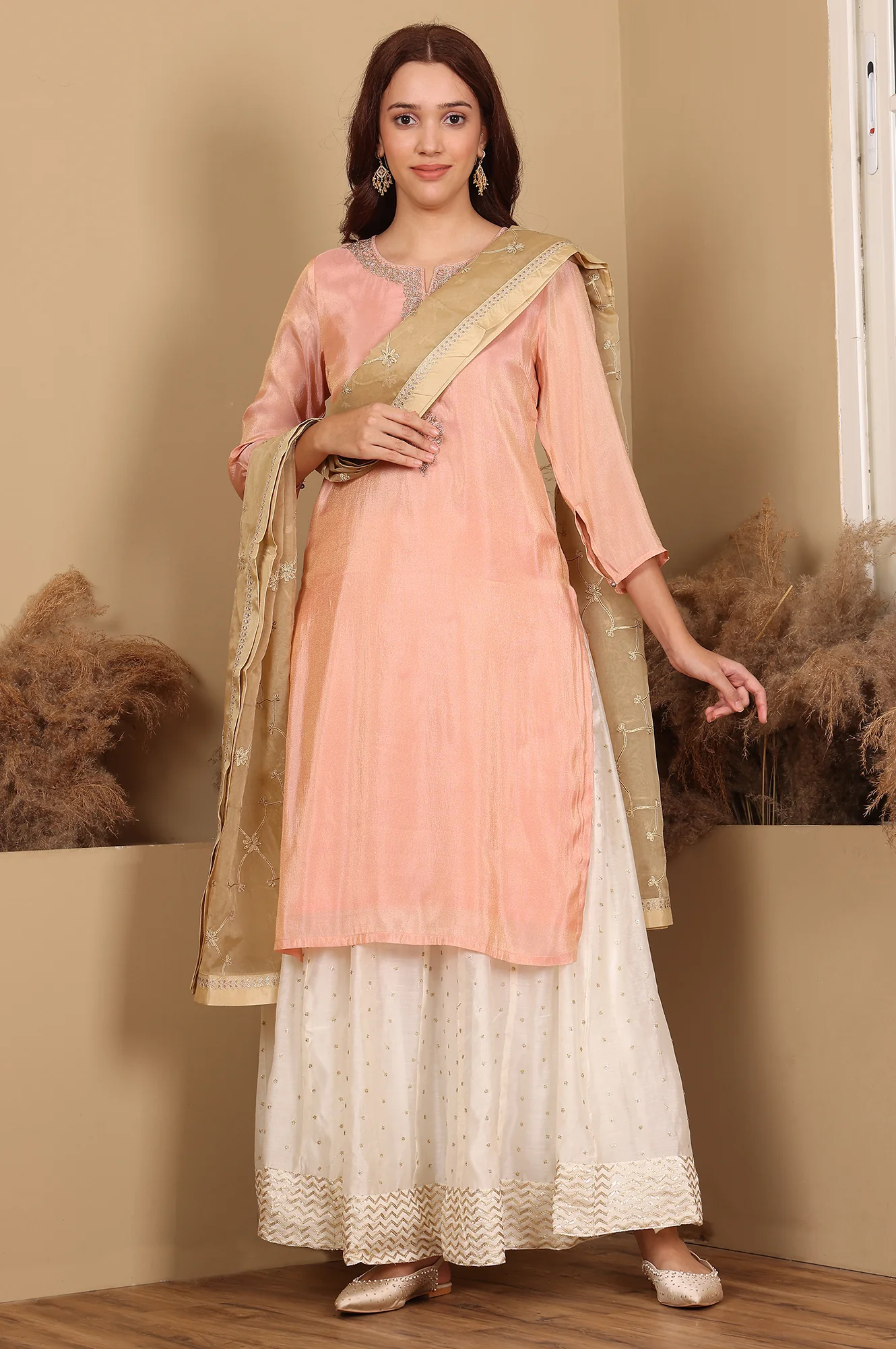 Gold Solid Embroidered Gota Rectangular Organza Dupatta - Image 3