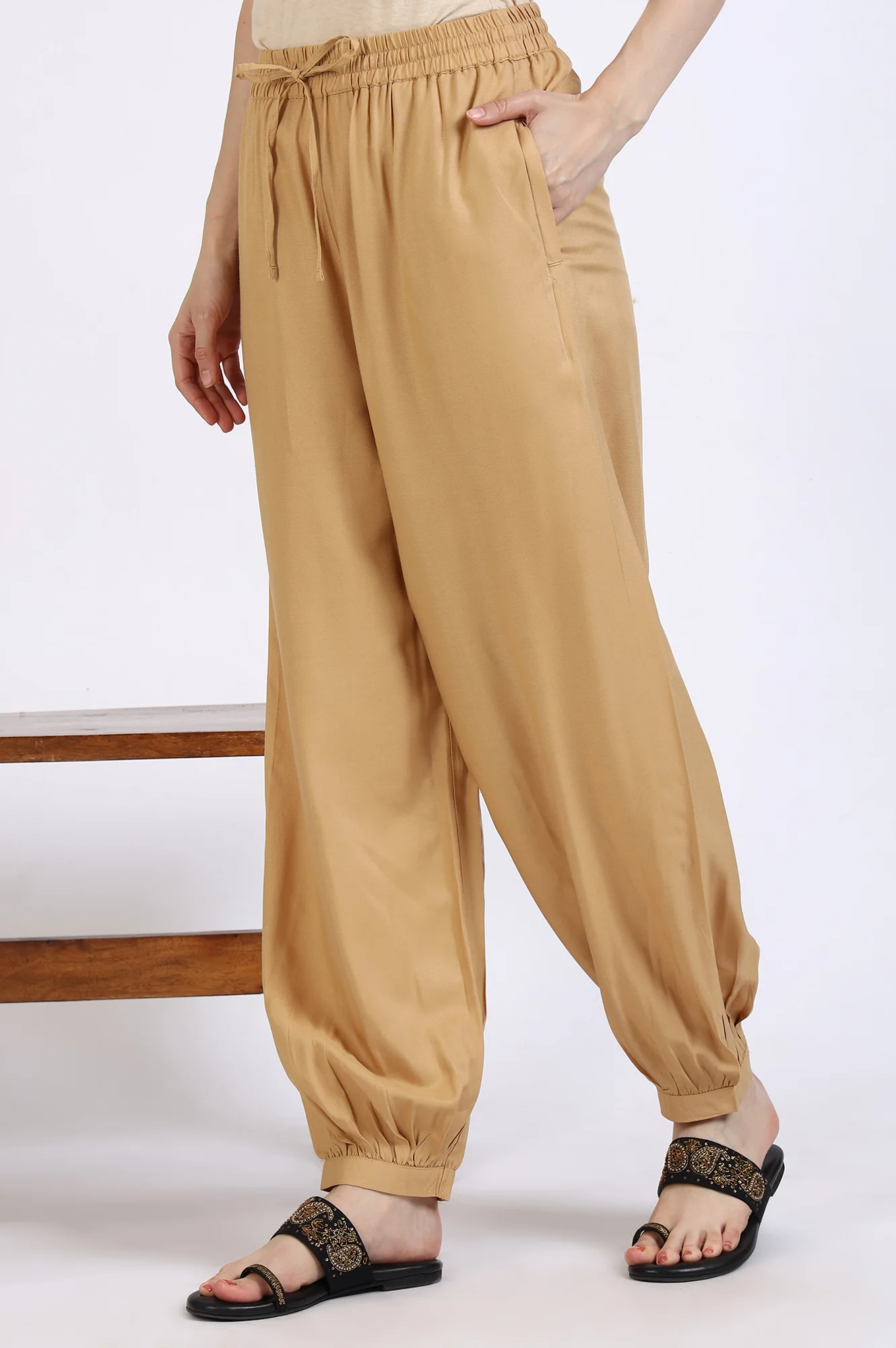 Gold Solid Gathered Harem Pants - Image 2