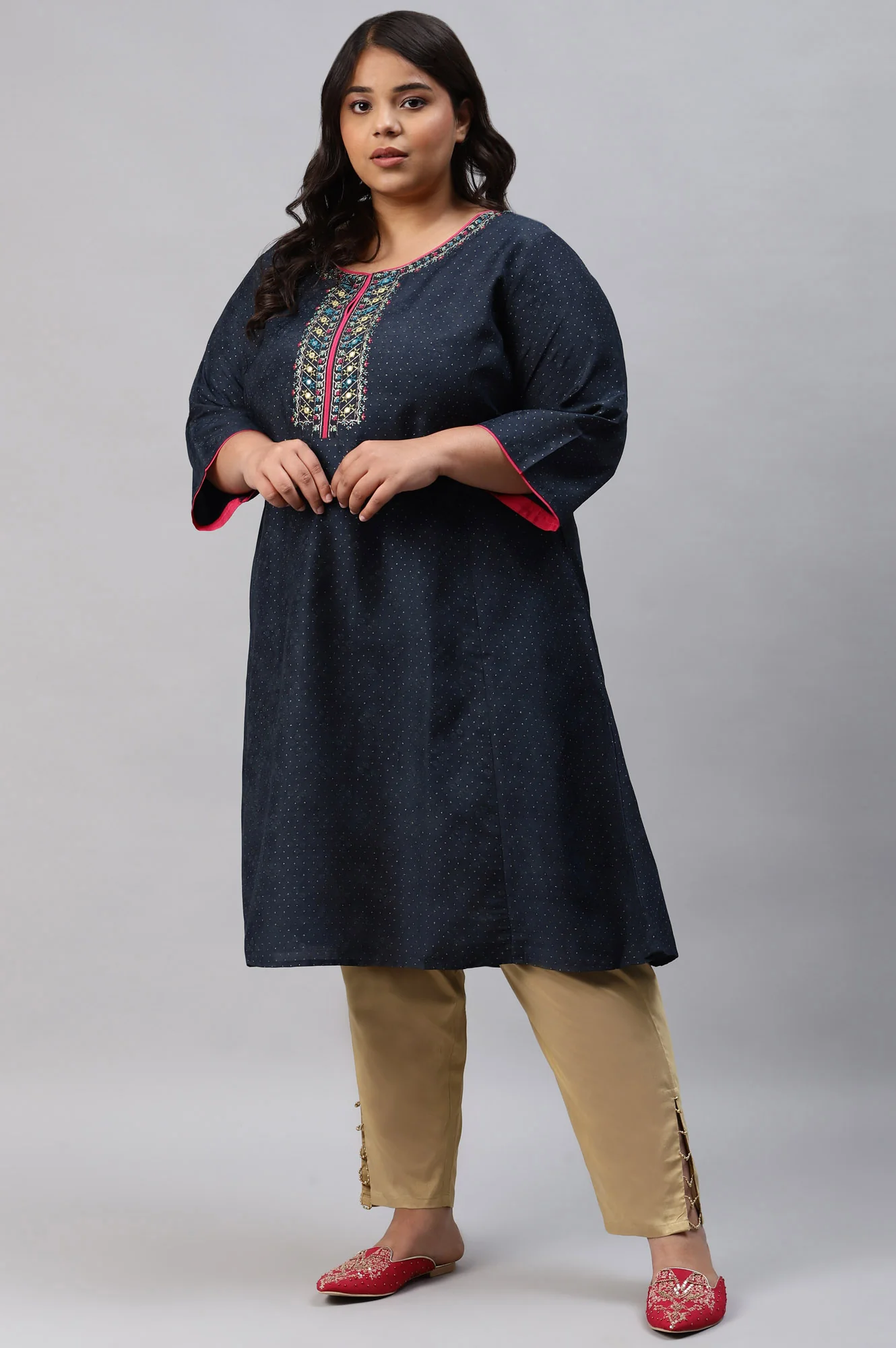 Gold Solid Light Festive Plus Size Slim Pants - Image 5