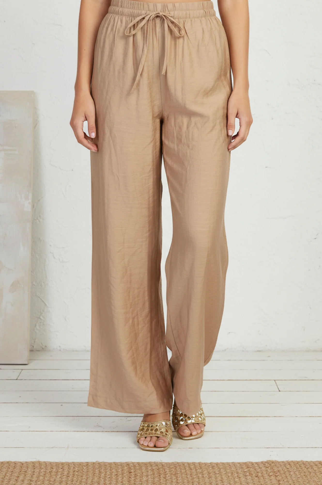 Gold Solid Rayon Relaxed Fit Mid Rise Flared Pants