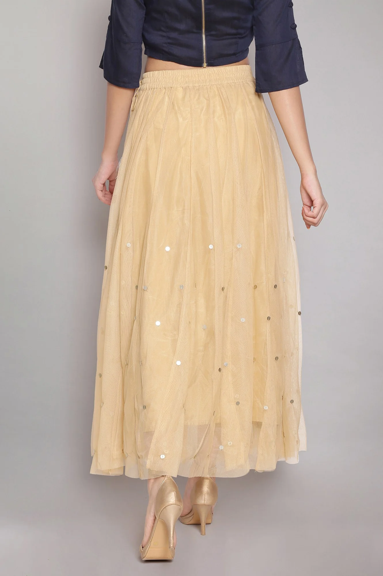 Gold Solid Sequin Flared Woven Skirt - Image 2