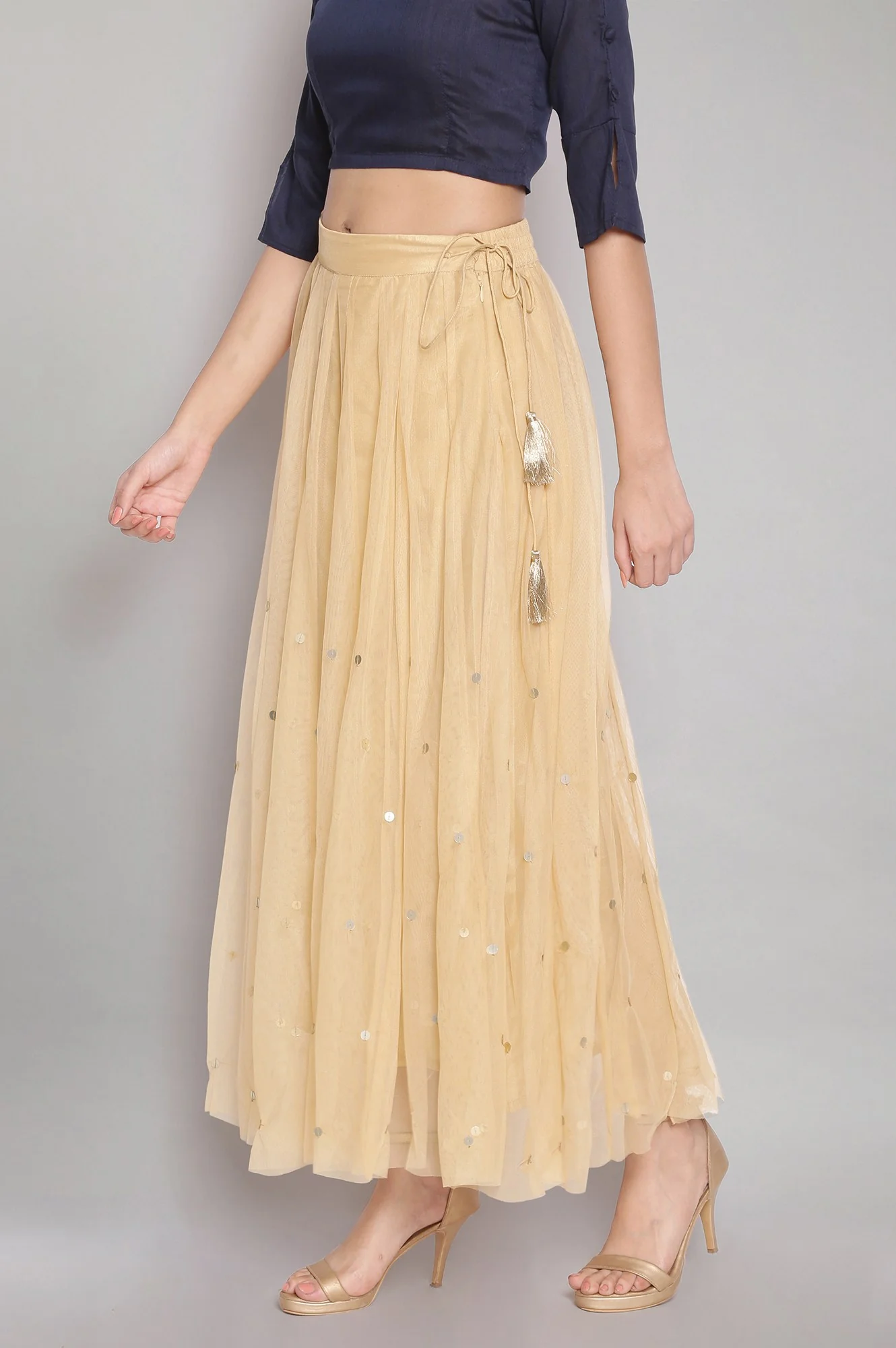Gold Solid Sequin Flared Woven Skirt - Image 3