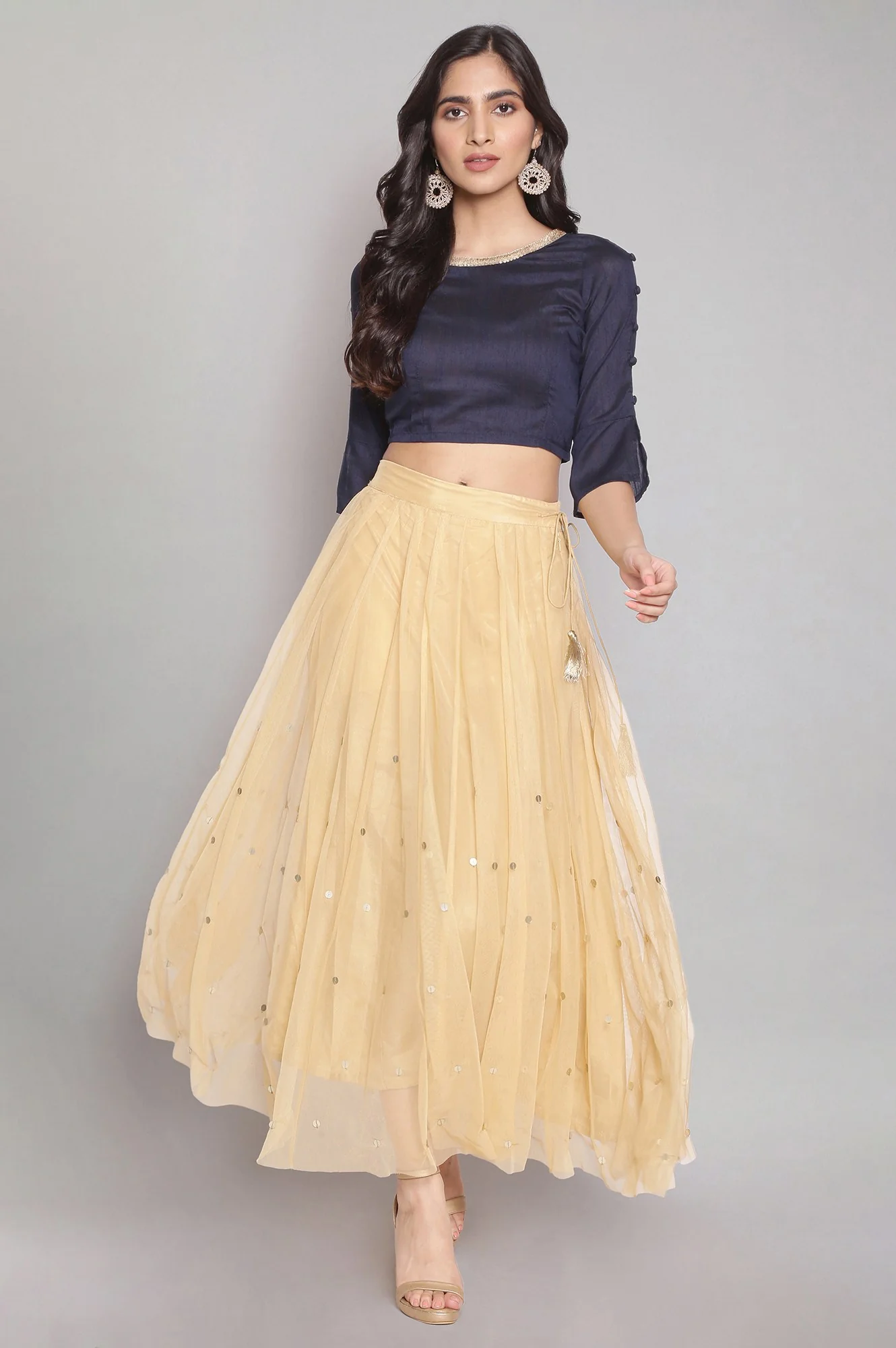 Gold Solid Sequin Flared Woven Skirt - Image 5