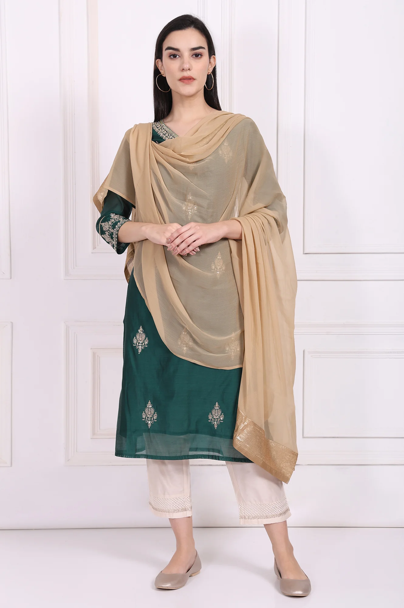 Gold Solid Sequined Chiffon Dupatta - Image 2