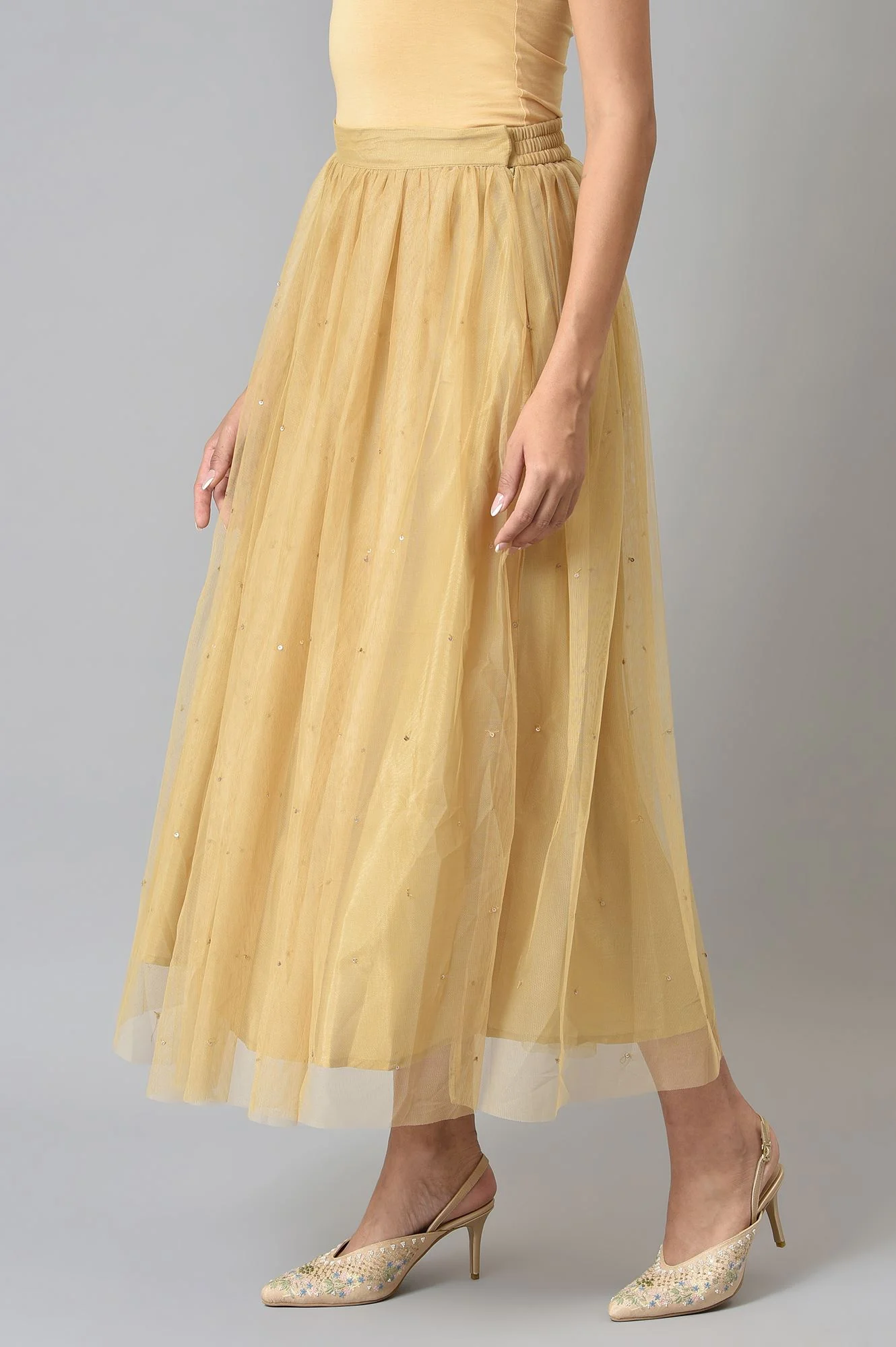 Gold Solid Sequined Flared Mesh Skirt - Image 3