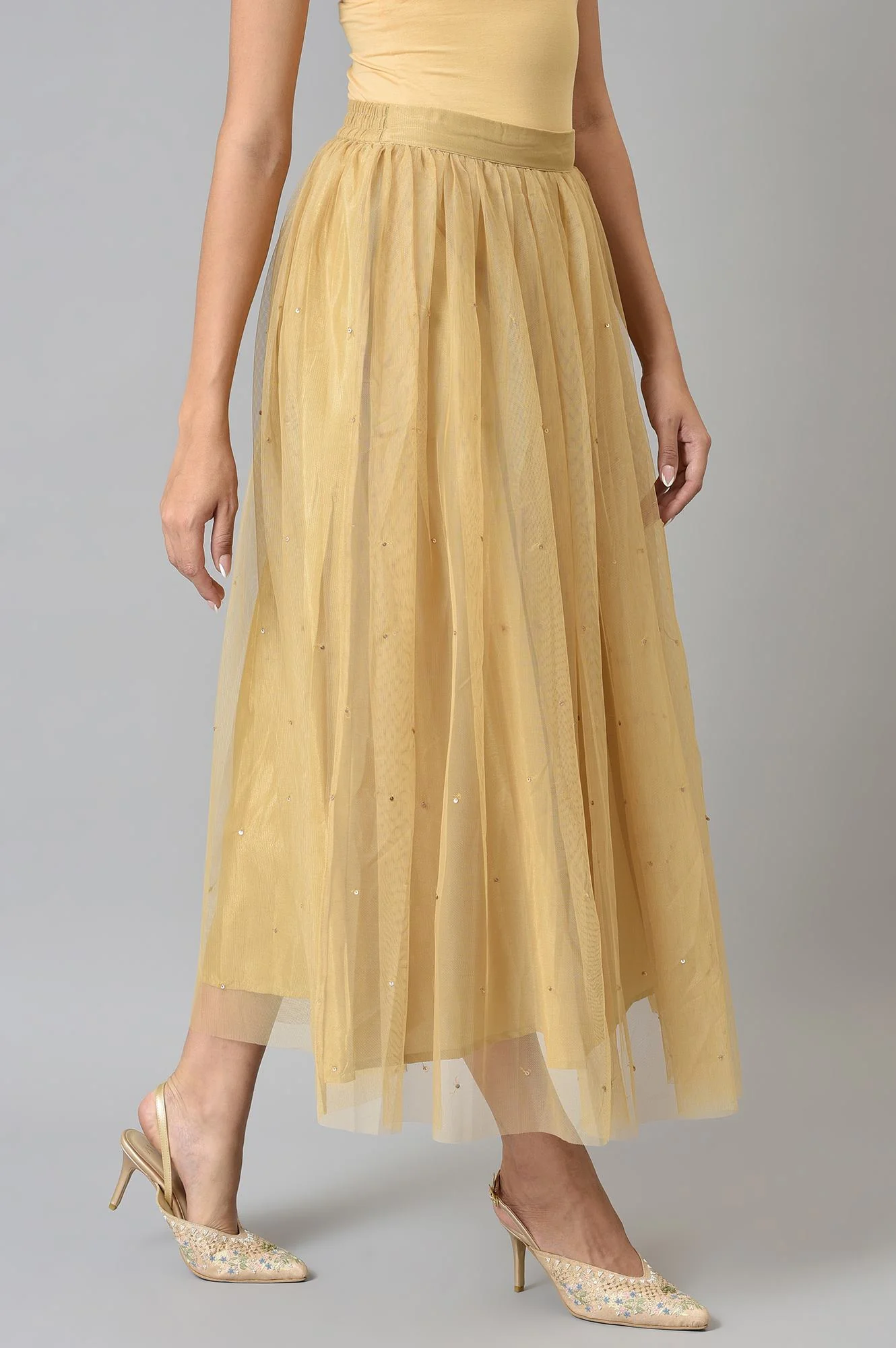Gold Solid Sequined Flared Mesh Skirt - Image 4