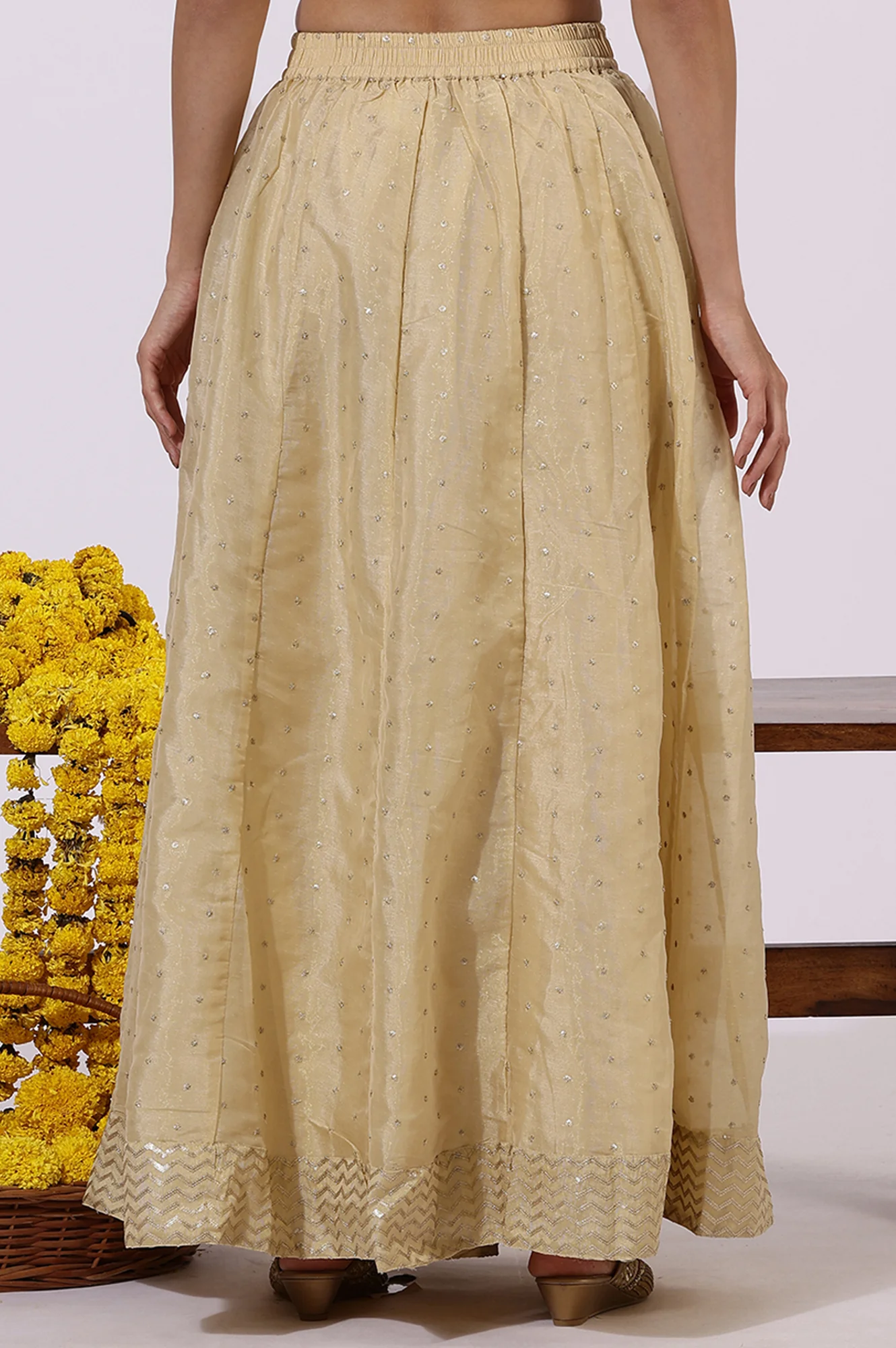 Gold Solid Sequins Flared Woven Skirt - Image 2