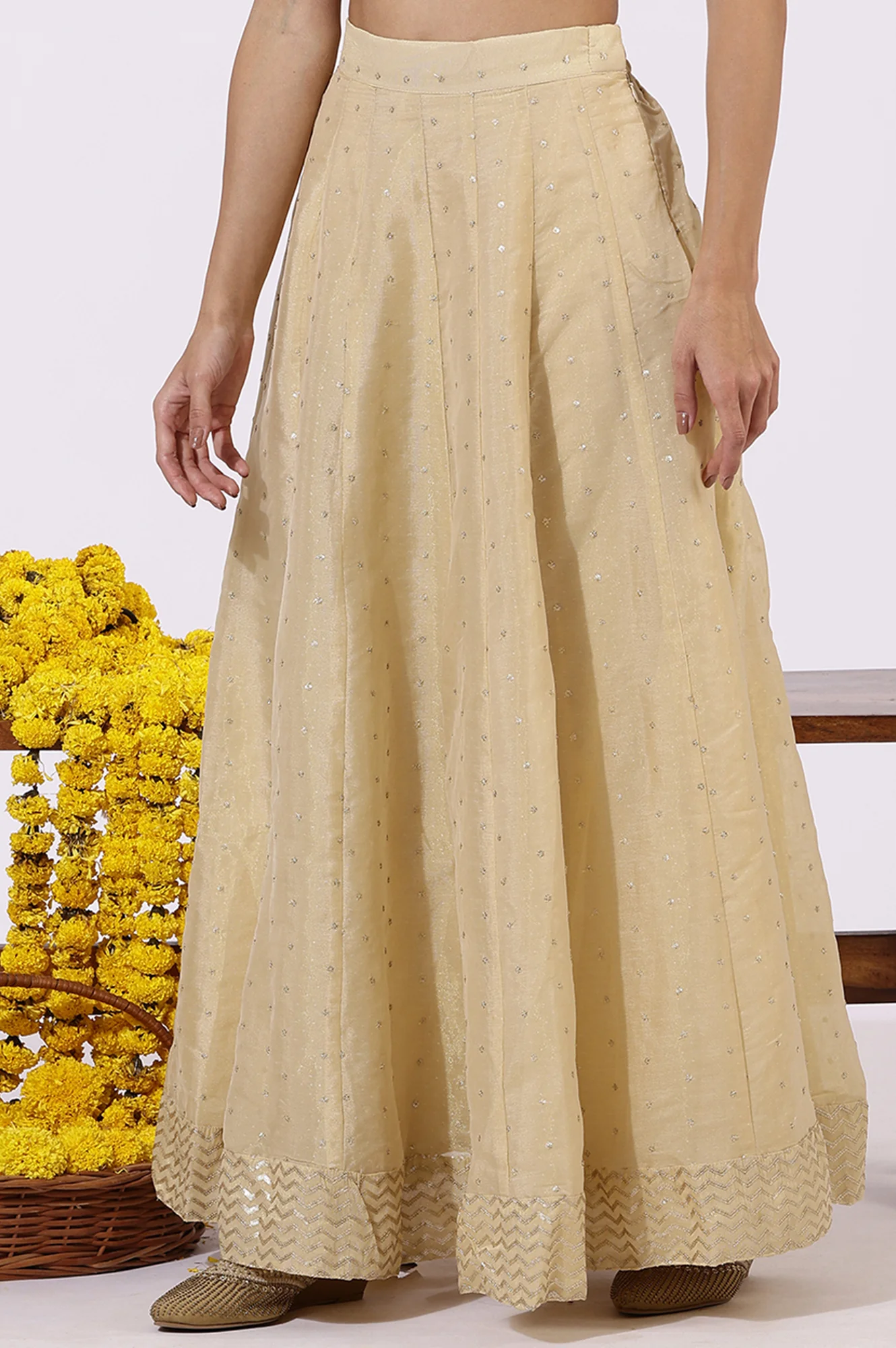 Gold Solid Sequins Flared Woven Skirt - Image 3