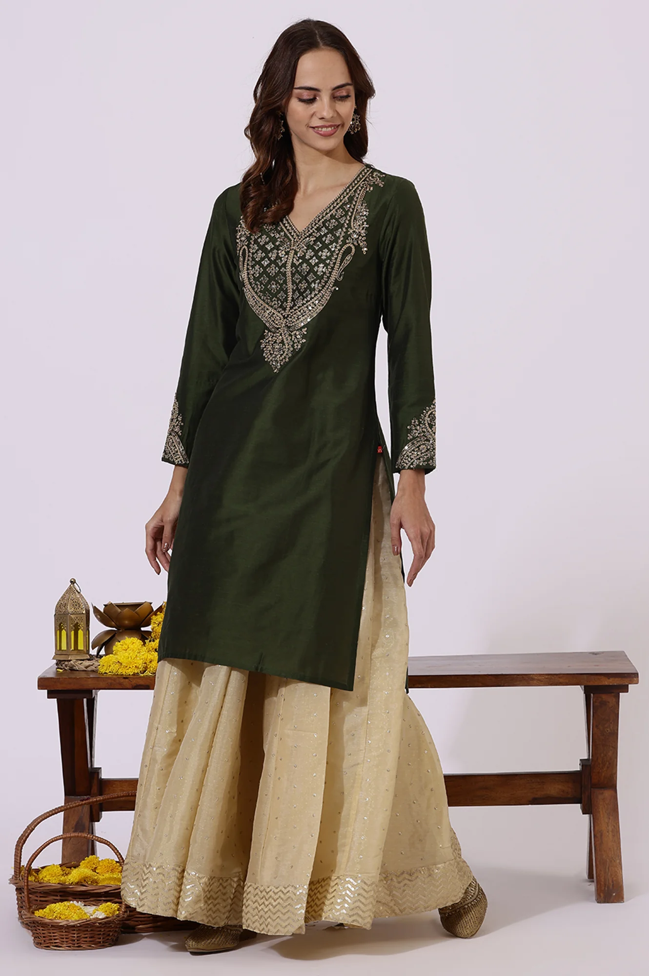 Gold Solid Sequins Flared Woven Skirt - Image 5