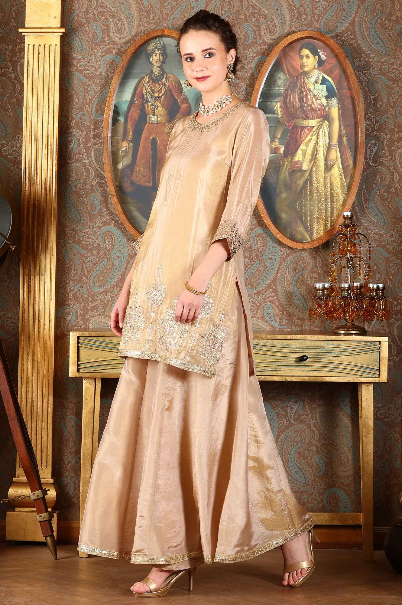 Gold Viscose Zari Embroidered Short Kurta, Flared Pants And Dupatta Set - Image 7