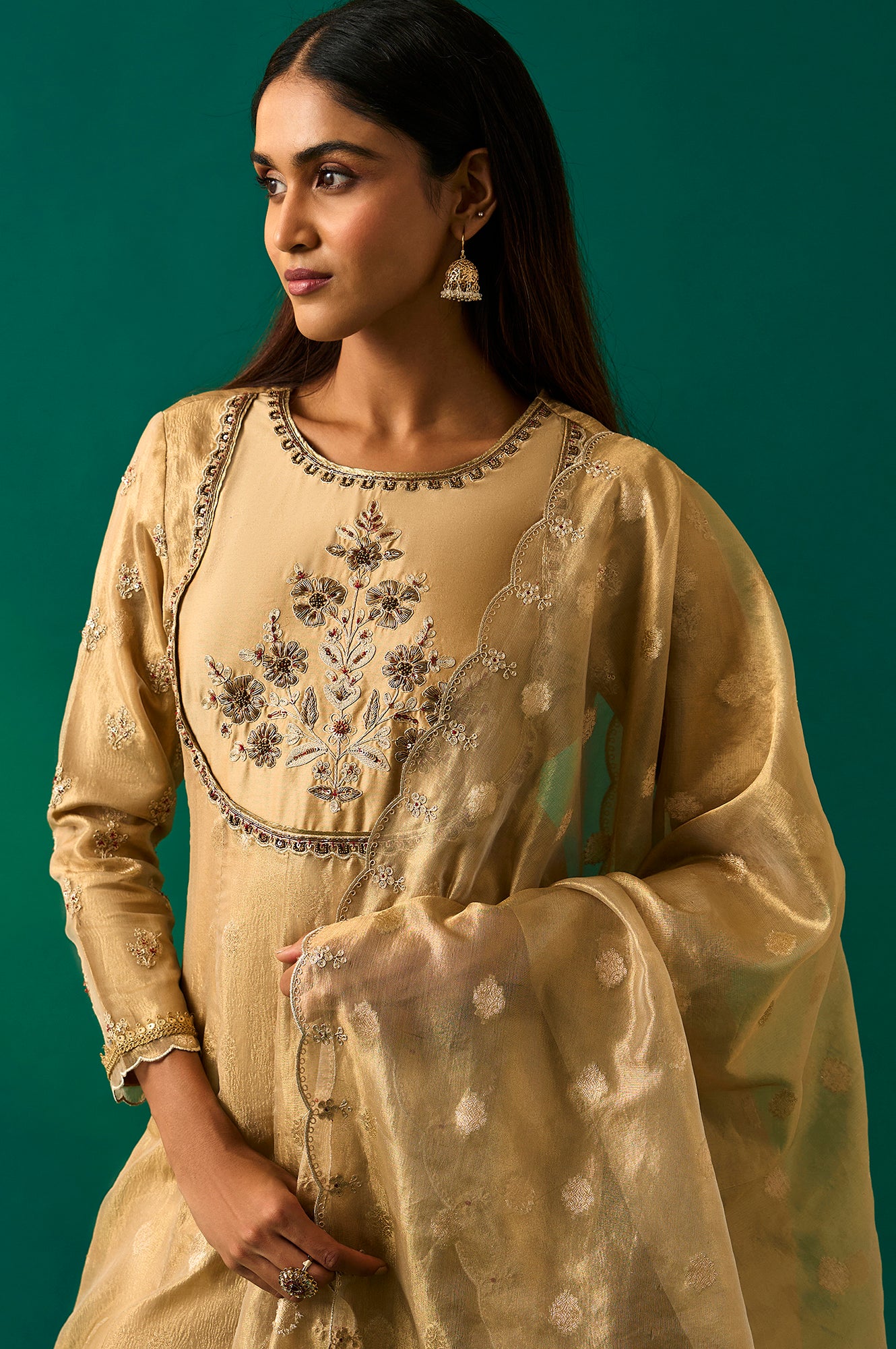 Golden Metallic Emroidered Tissue Jacquard Festive Anarkali Kurta, Pants and Dupatta Set - Image 6