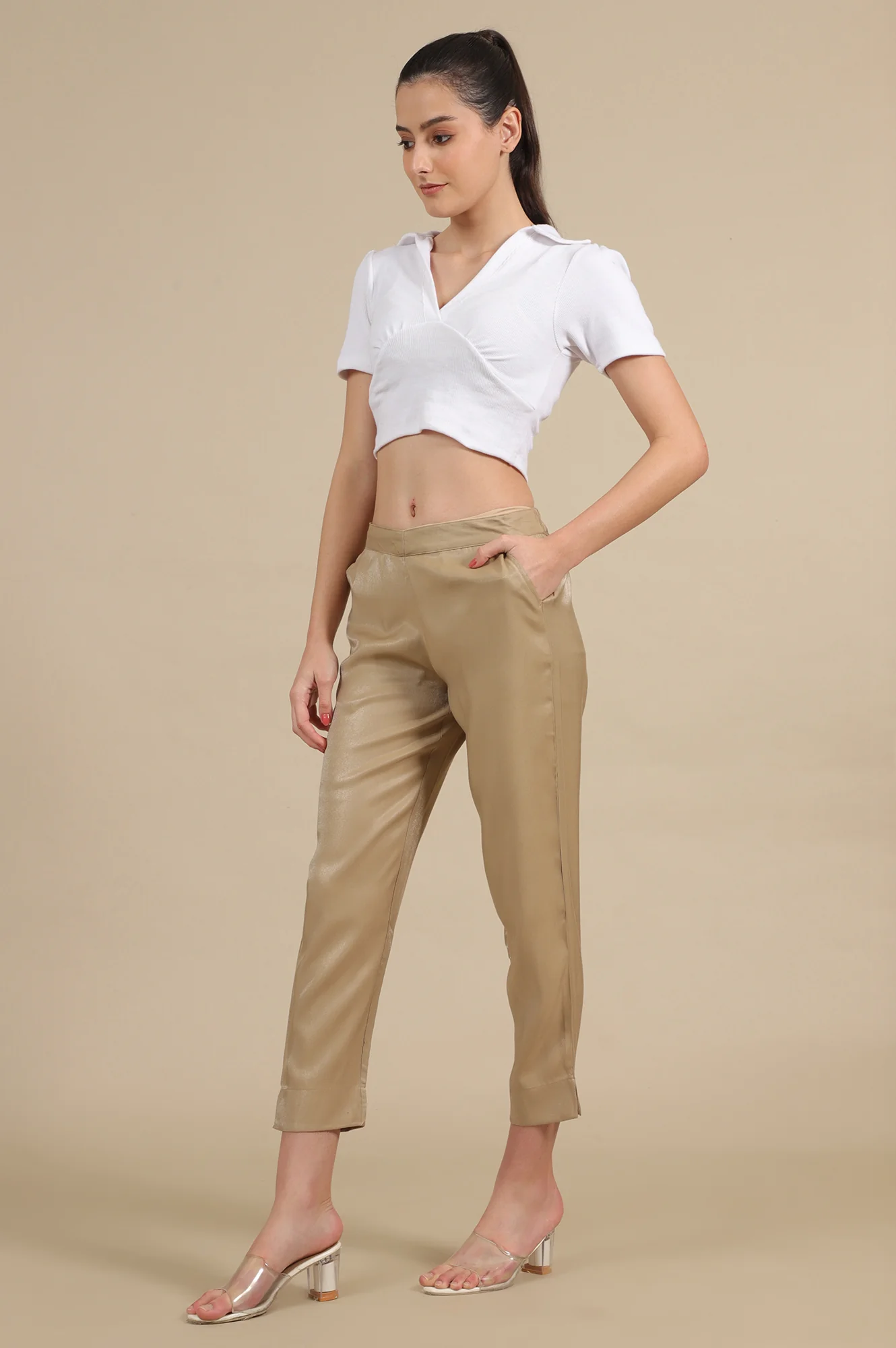 Gold Solid Straight Fit Trousers With Elasticated Waist - Image 5
