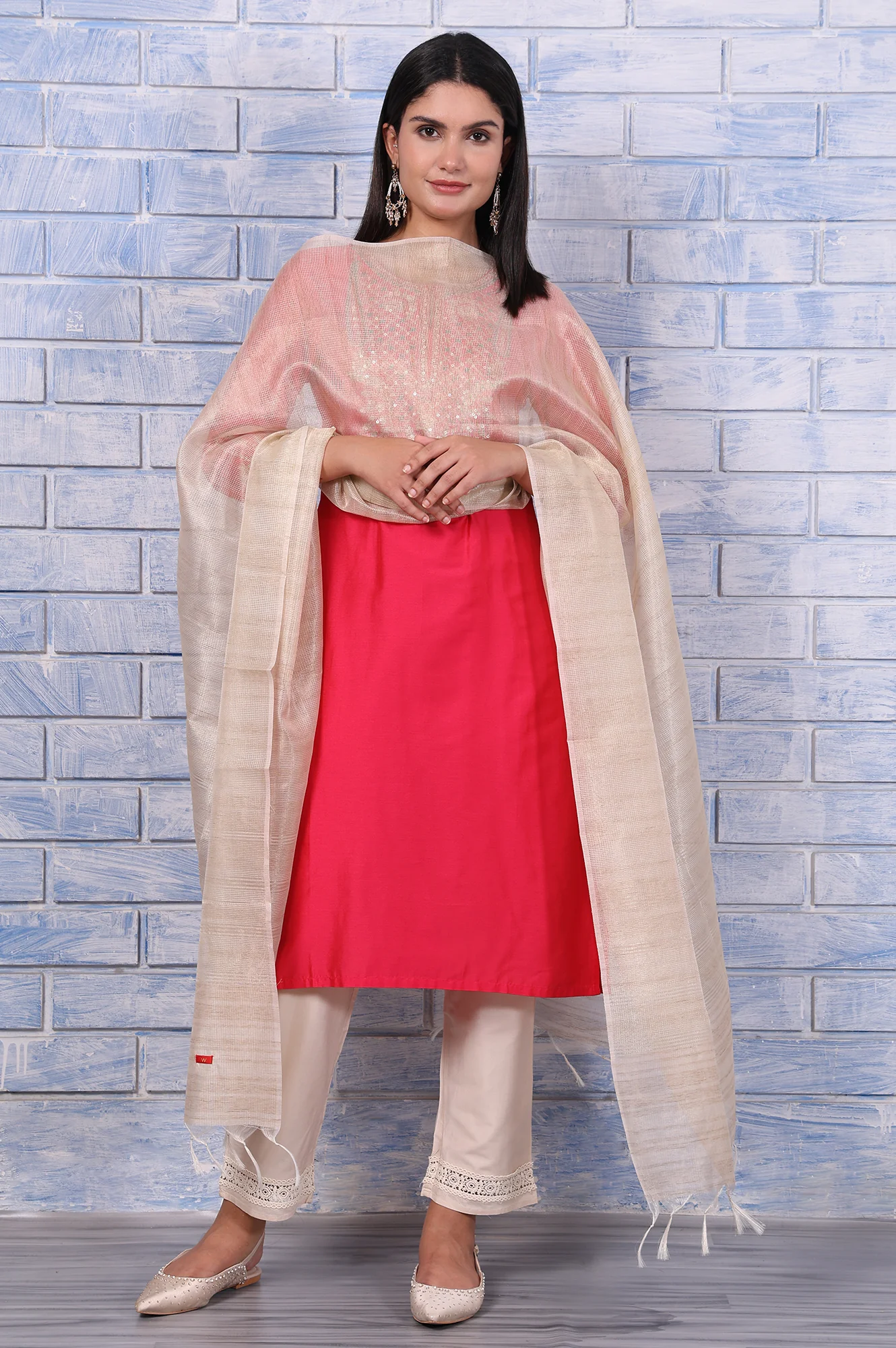 Golden Solid Tissue Checks Dupatta - Image 2