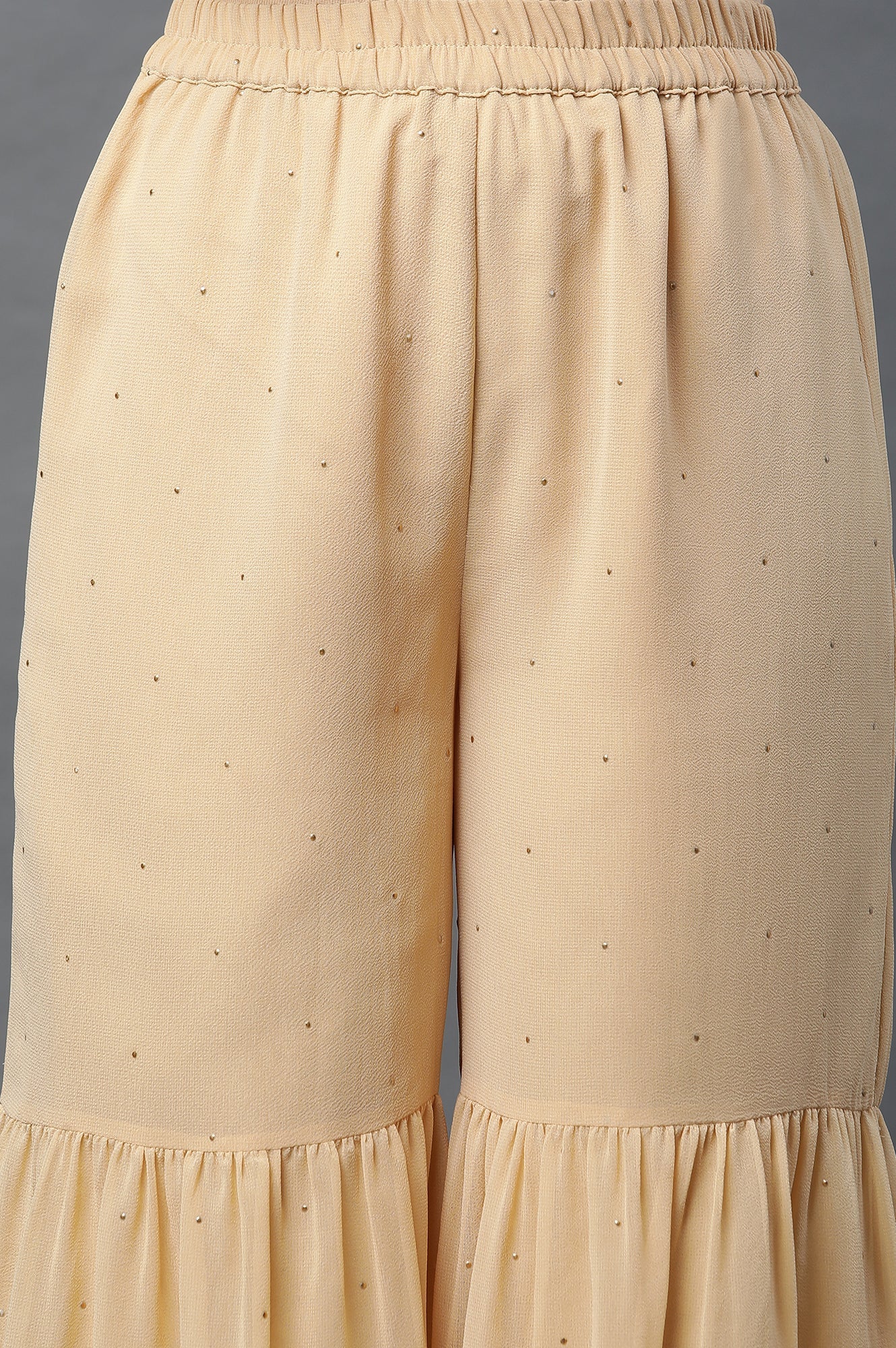 Gold Polka Dots Printed Flared Woven Palazzo With Elasticated Waist - Image 6