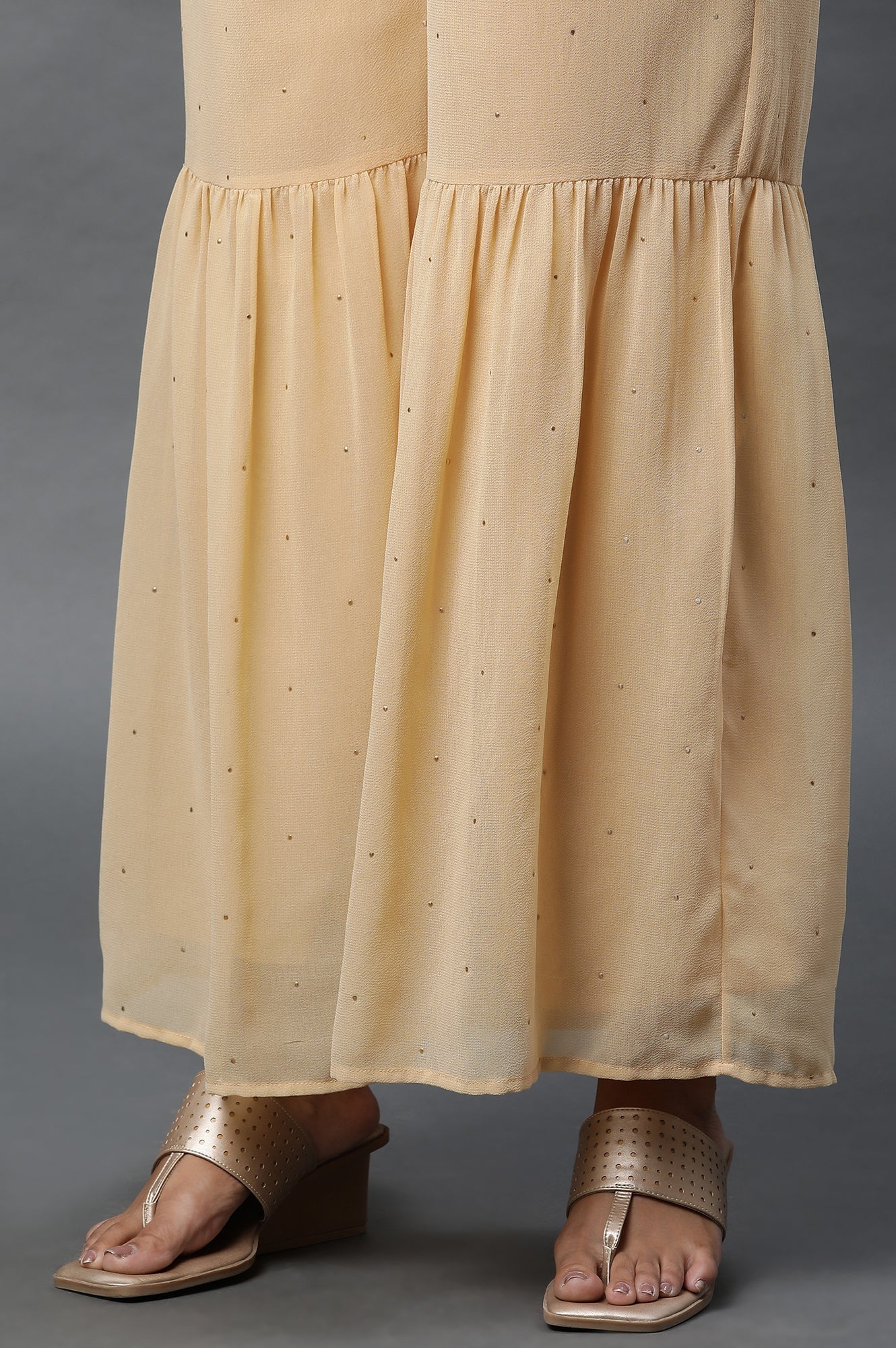 Gold Polka Dots Printed Flared Woven Palazzo With Elasticated Waist - Image 7