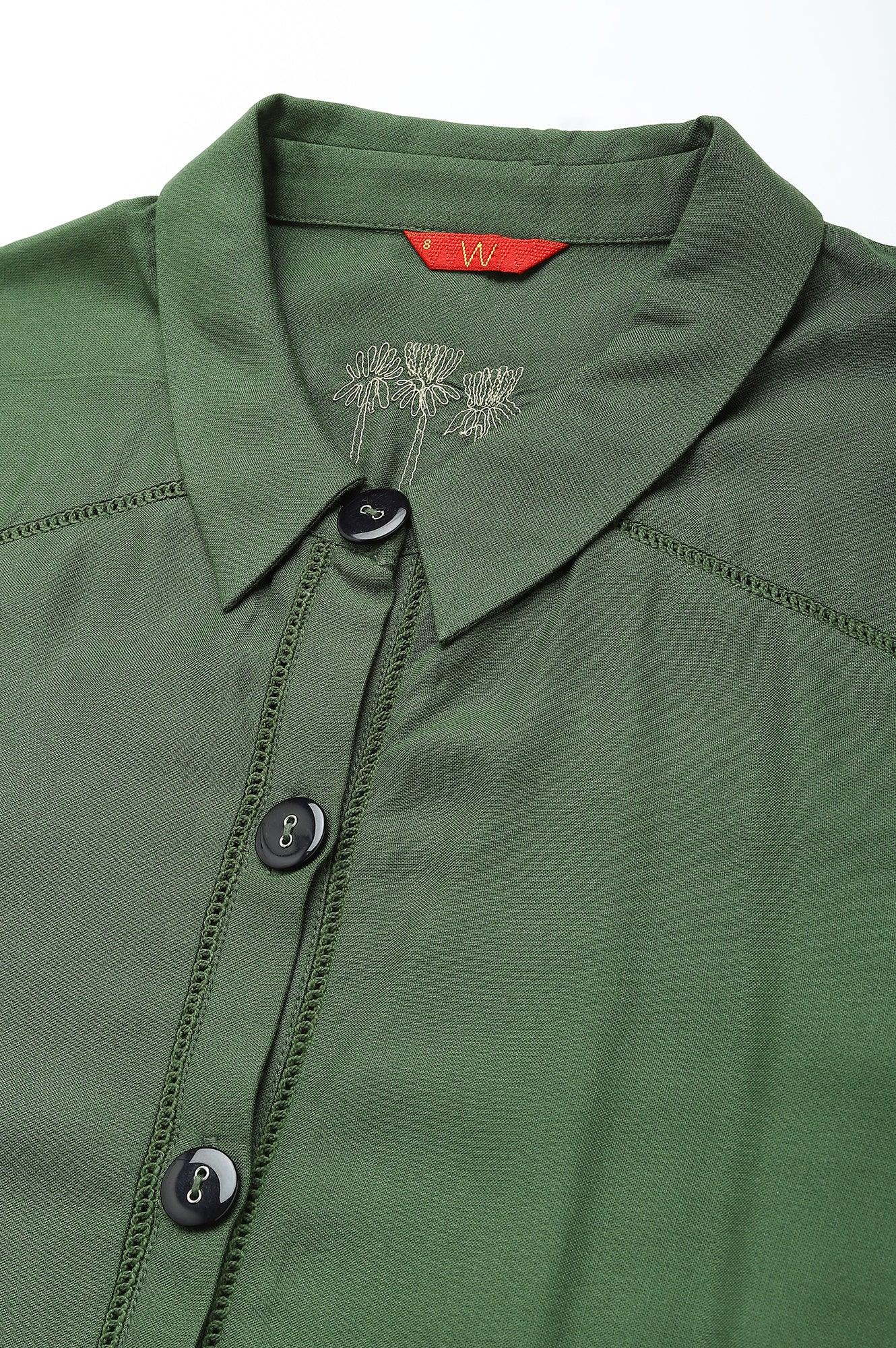 Green A-Line Embroidered Shirt Dress With Schiffli Belt - Image 2