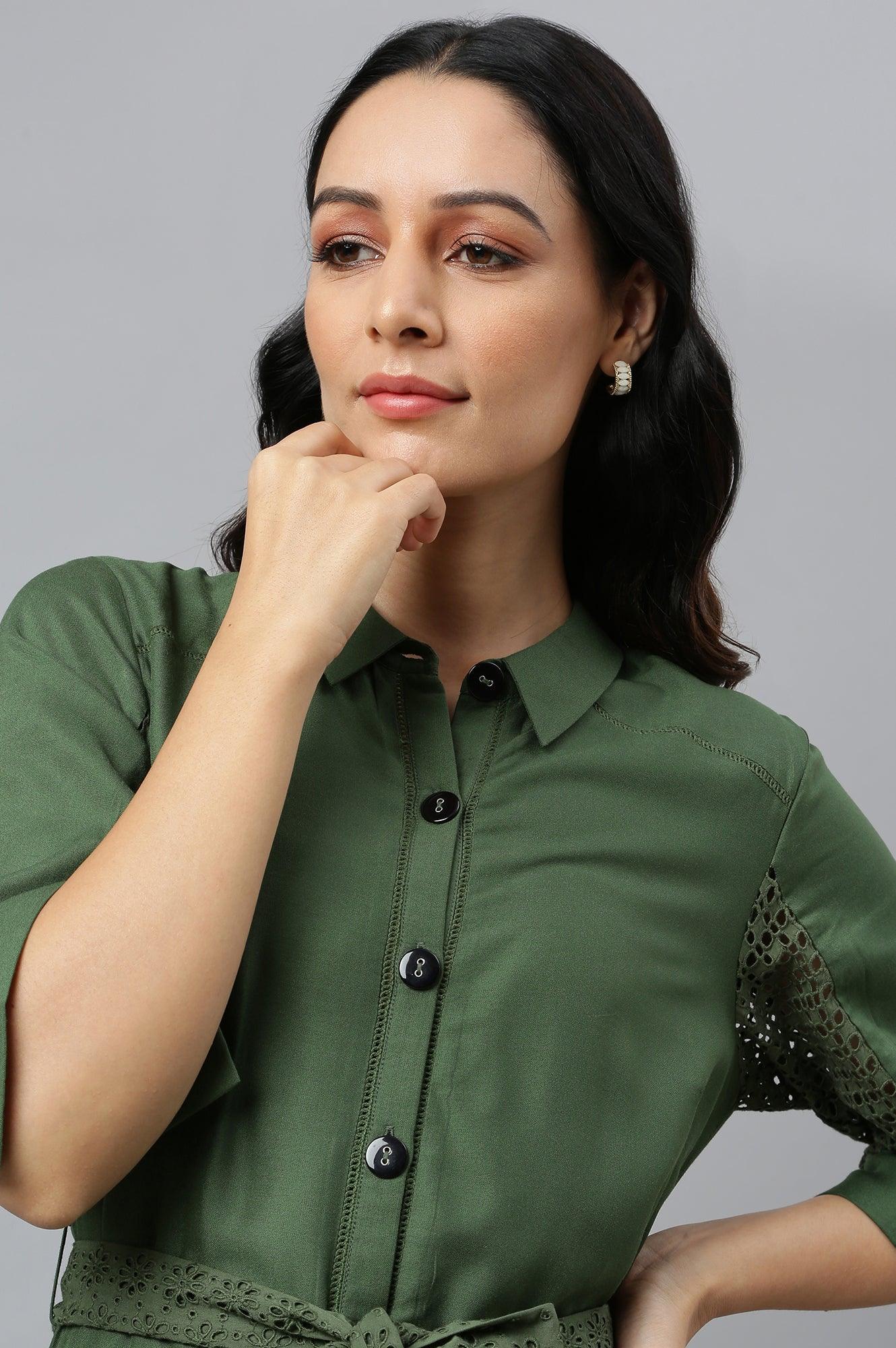 Green A-Line Embroidered Shirt Dress With Schiffli Belt - Image 9