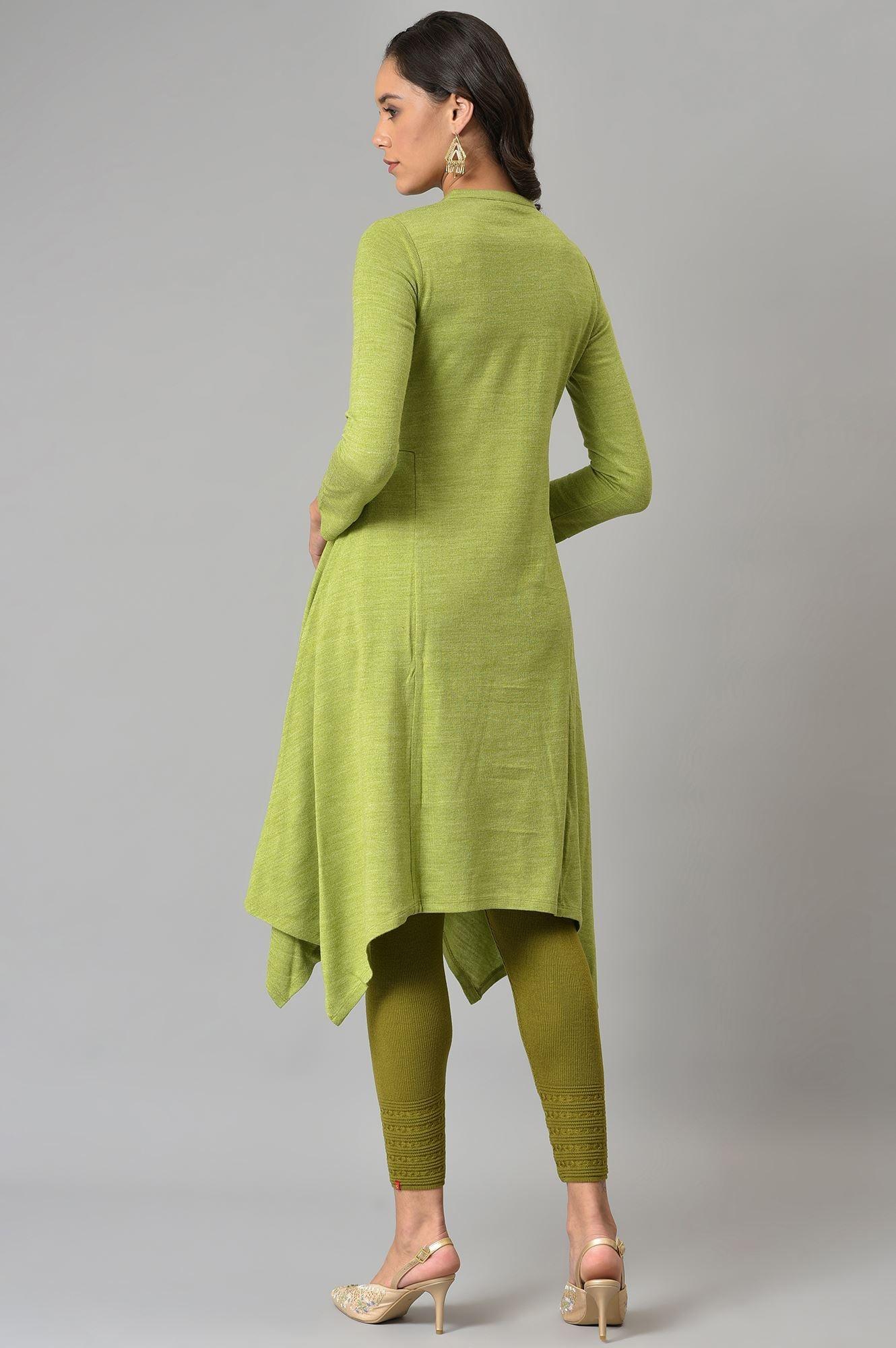 Green A-Line Embroidered Winter kurta - Image 2
