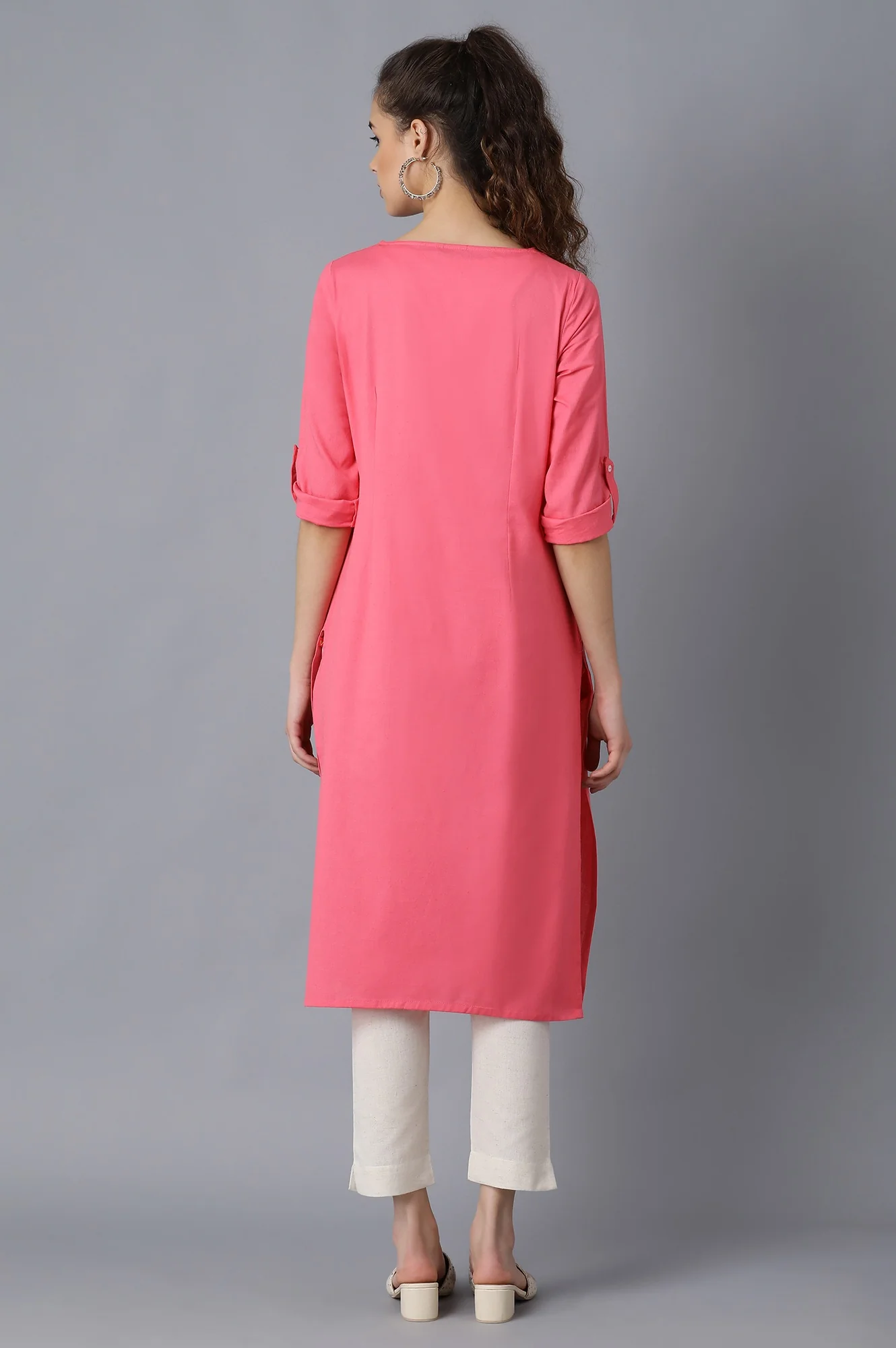 Green And Pink Solid Thread Work Straight Kurta Combo - Image 6